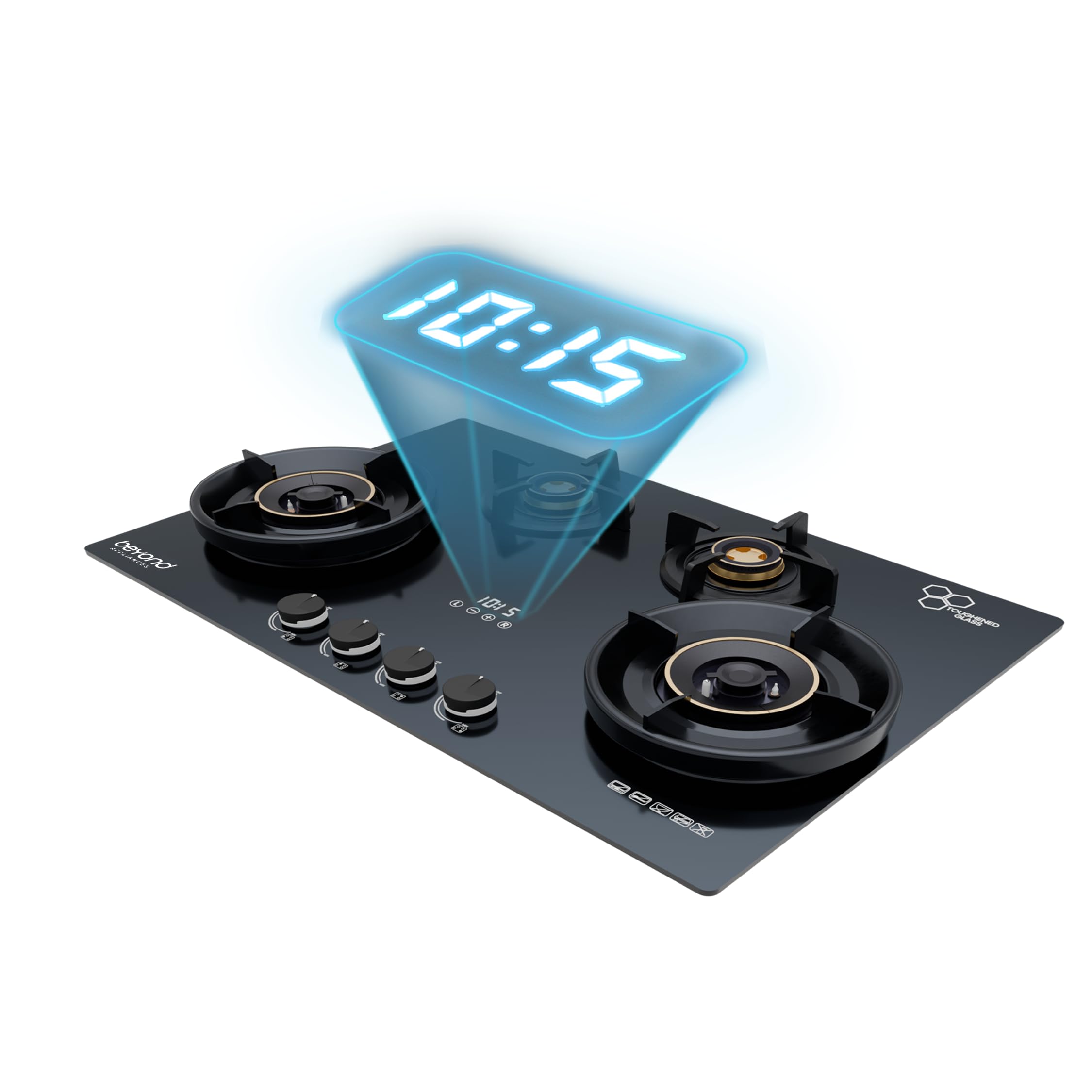 Beyond Appliances Zyra 4 Burner Smart Glass Hobtop Gas Stove | Auto Ignition | Digital Timer | Flame Failure Device | Toughened 