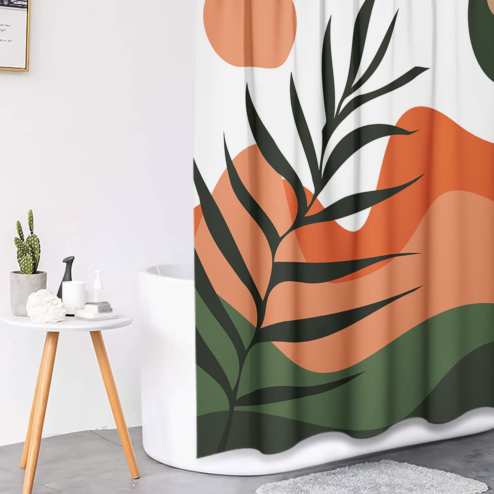 Tayney Boho Mid Century Shower Curtain Set With Toilet Lid Cover And Non-Slip Rugs, Abstract Sun Mountain Plants 4 Pcs Modern Sh