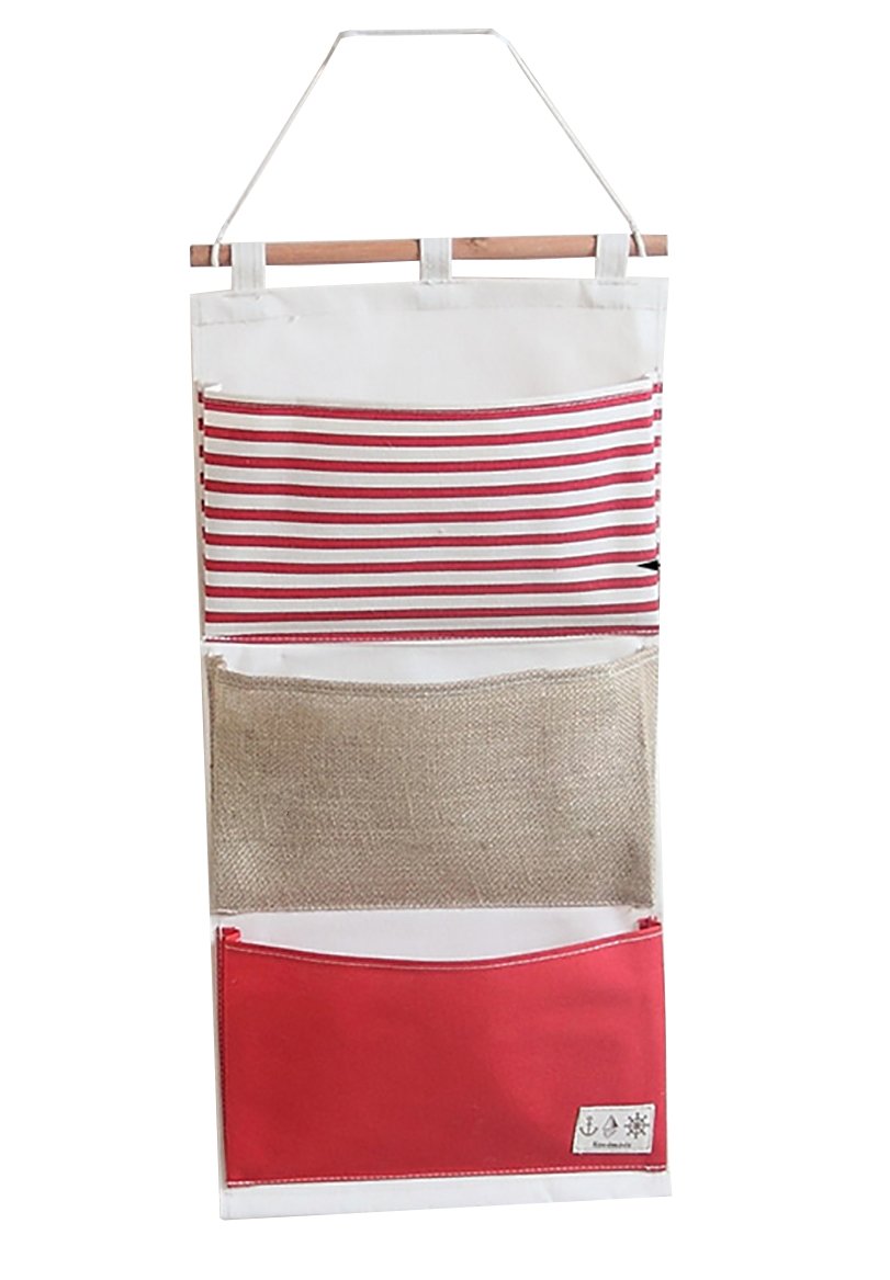 Topaaa Fish Extender Hanger Linen Cotton Fabric Wall Door Hanging Organizer Hanging Storage Bag 3 Pockets (Red)