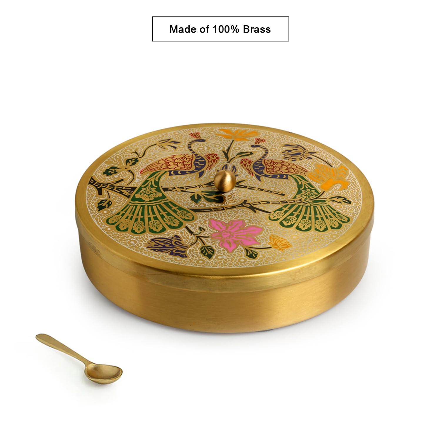 ExclusiveLane Peacock Hand-Etched Brass Masala Box For Kitchen Spice Box With Spoon (Brass, 7 Containers, 110 ML) | Handpainte