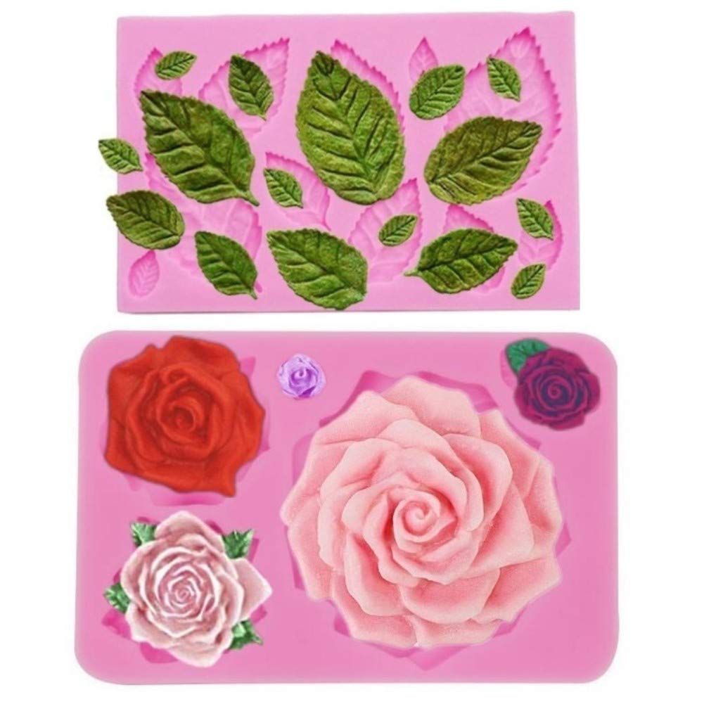 Large Rose Mold Silicone,Rose Flower And Leaves Fondant Cake Molds,Leaf Candy Chocolate Molds For Wedding Cake Decoration, Sugar