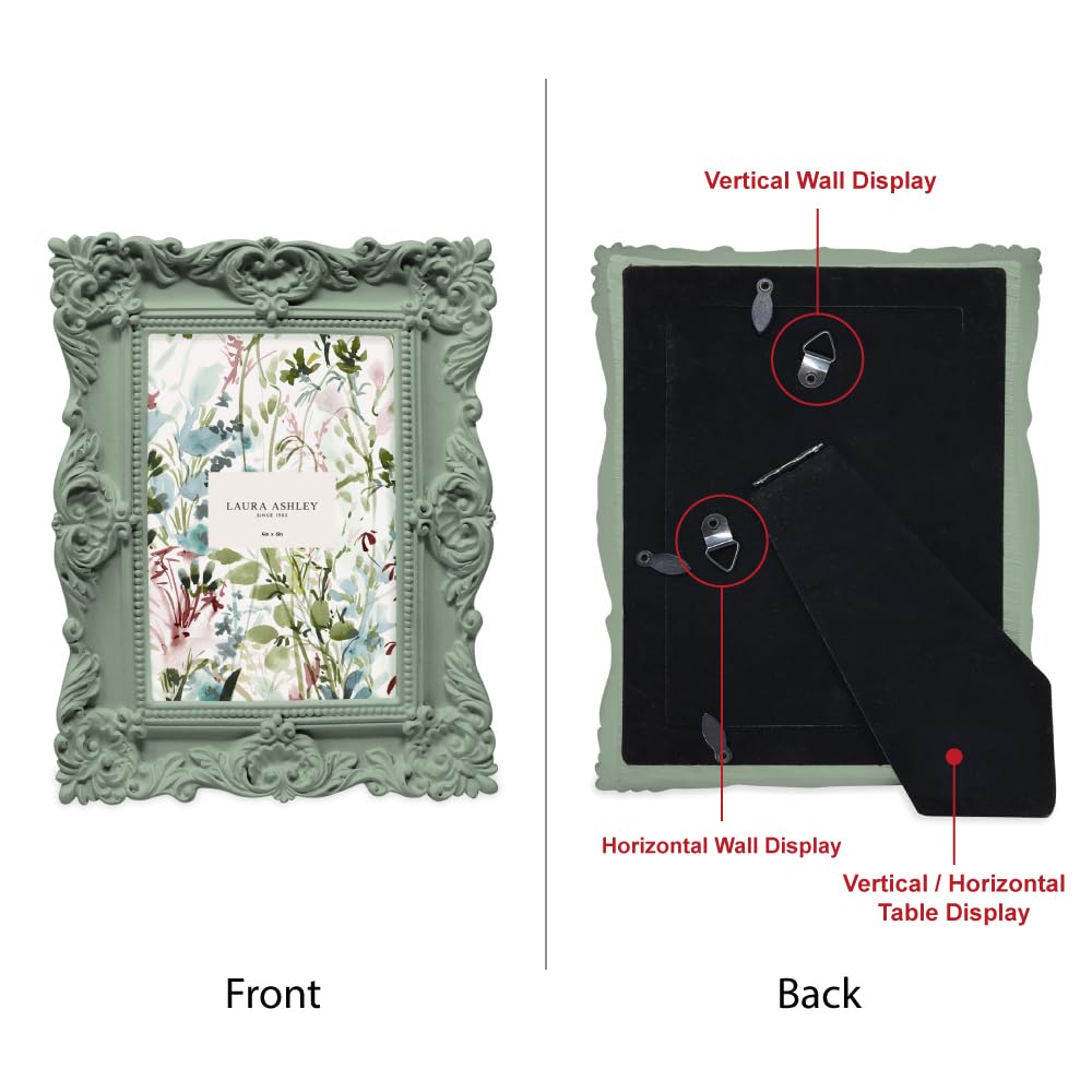 Laura Ashley 4x6 Matt Rosemary Ornate Textured Hand-Crafted Resin Picture Frame with Easel, for Tabletop & Wall Display, Decorat