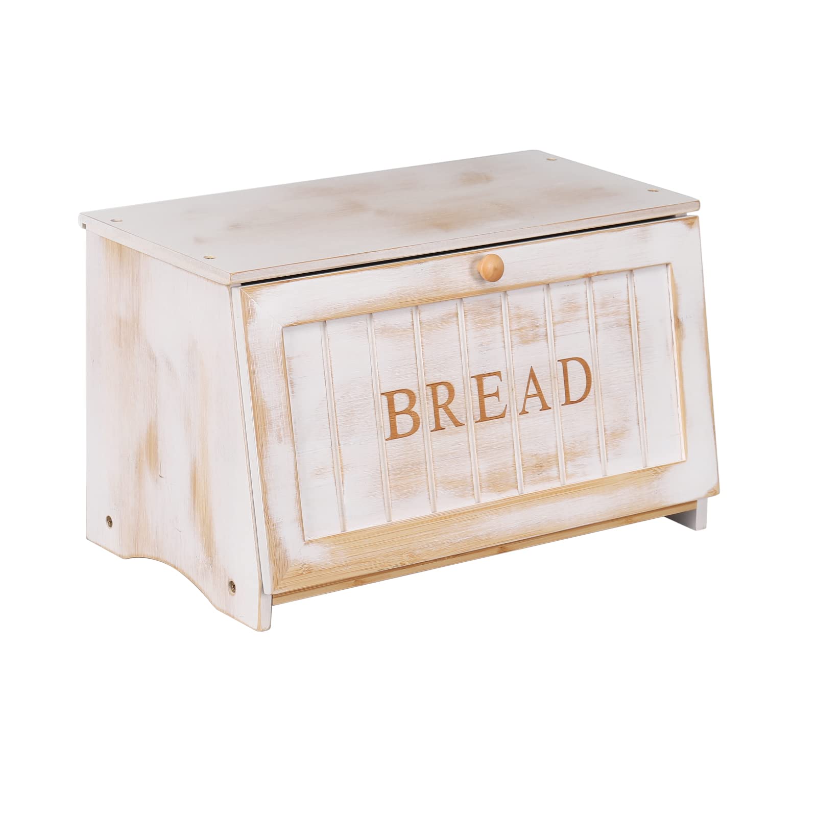 Homekoko Vintage Large Wood Bread Box For Kitchen Counter, Retro Design Single Layer Bamboo Large Capacity Food Storage Bin (Whi