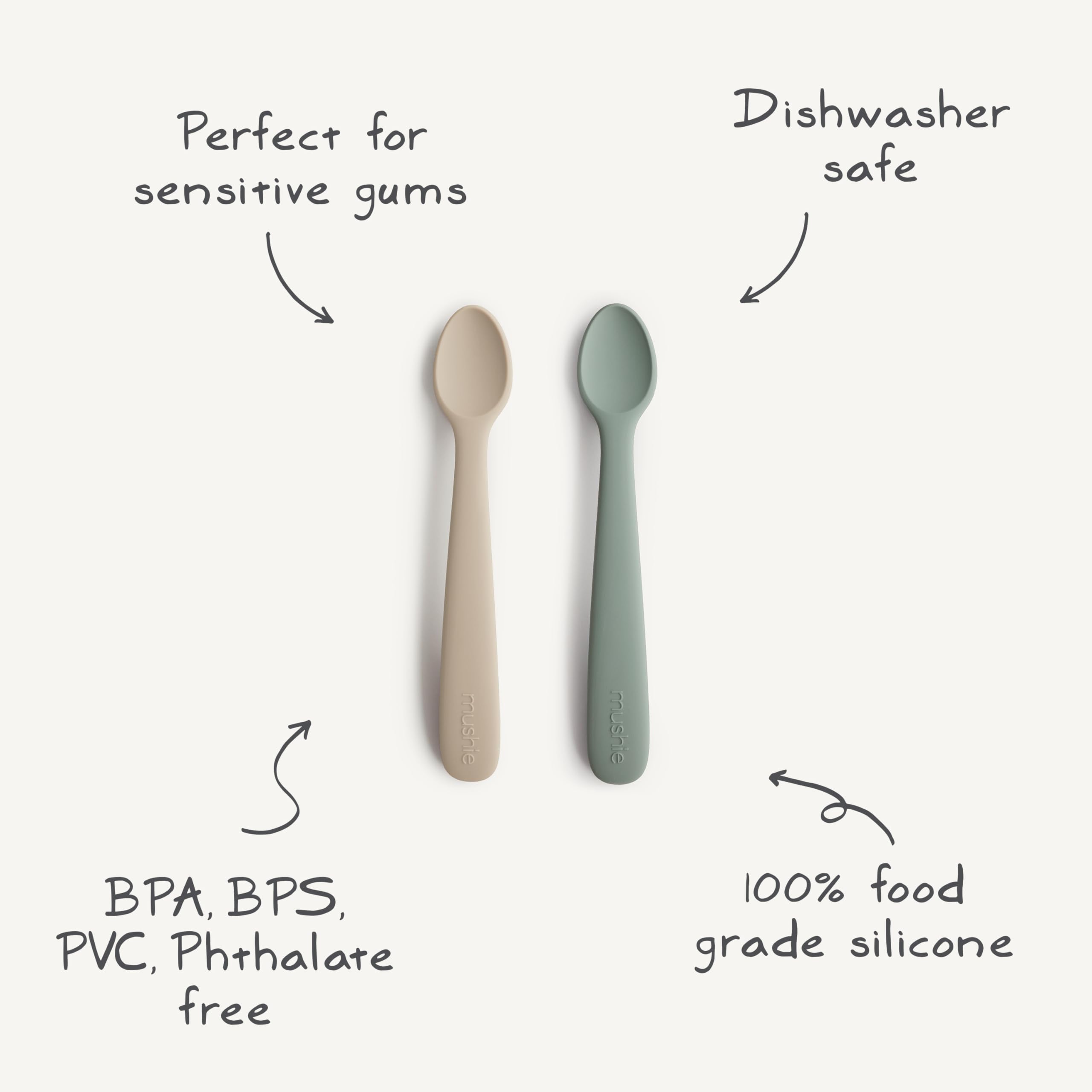 Mushie Silicone Baby Feeding Spoons | 2 Pack (Cambridge Blue/Shifting Sand)