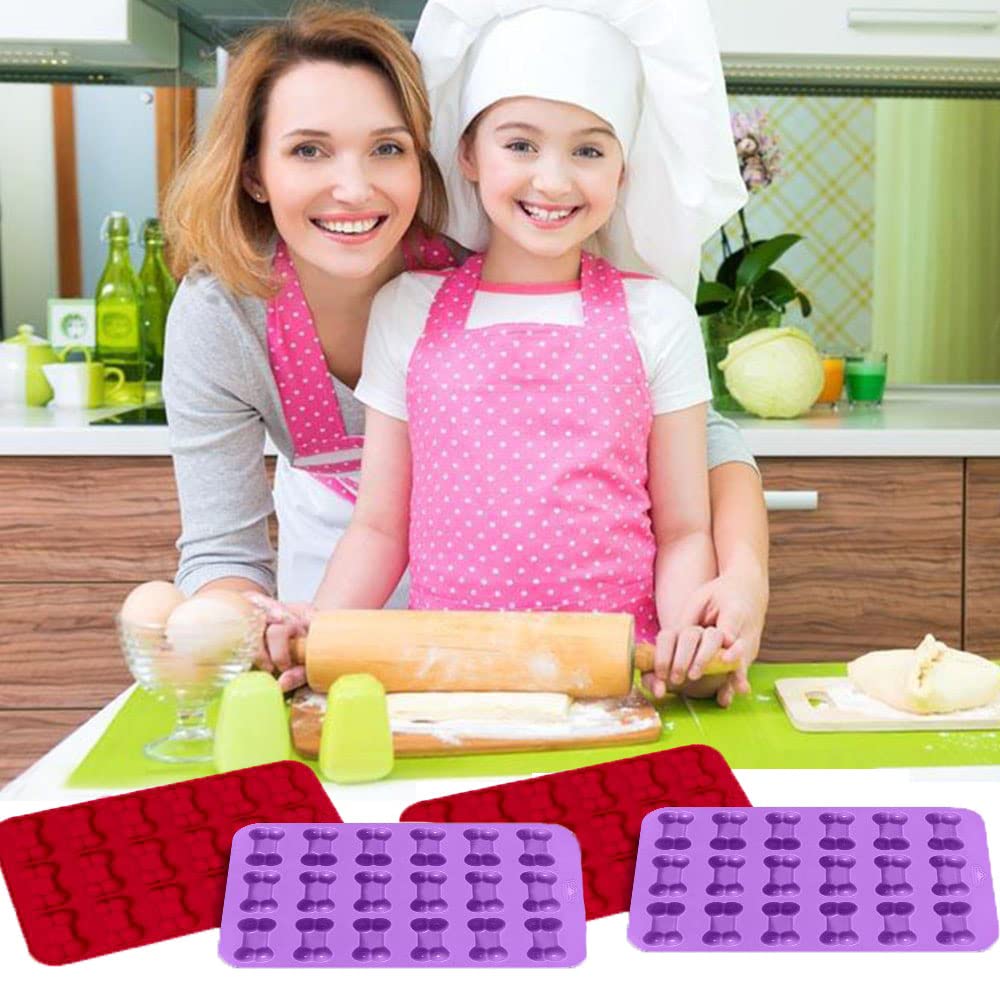 Pivhwir Bone Silicone Molds, Food Grade Non-Stick Silicone Molds For Chocolate, Candy, Dog Treats, Jelly, Ice Cube (4 Pcs, Red+P