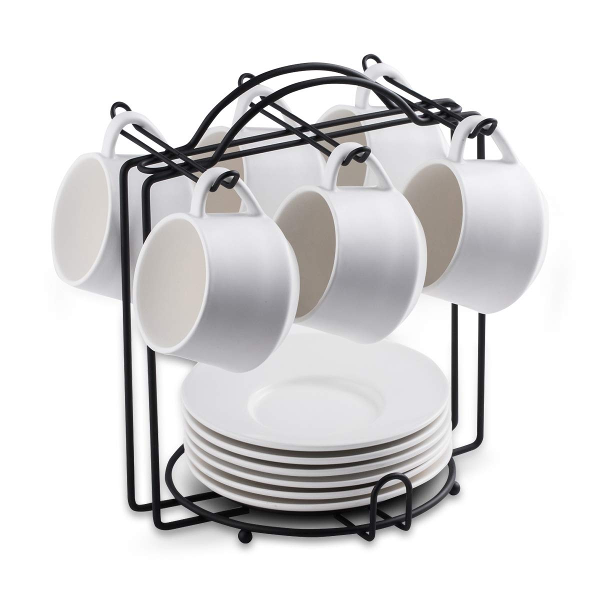 Yhosseun Espresso Cups Set With Saucers And Metal Stand Coffee Cup Set Of 6 4 Oz Cappuccino Cups Teacup For Tea Party - White