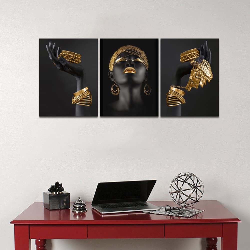 Mamago Canvas Wall Art Painting African Woman Pictures Modern Gold Black Woman Holding Gold Jewelry Posters Prints Artwork Home