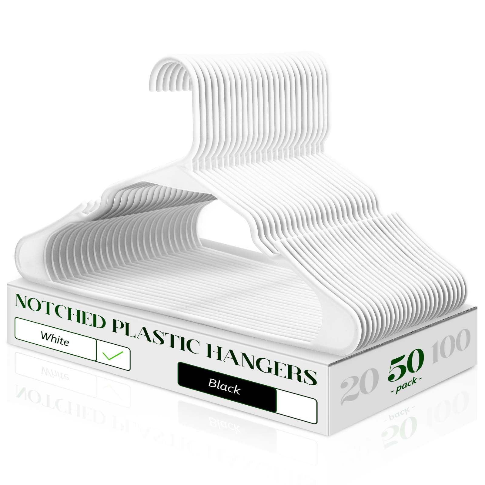 Cozymood Plastic Notched Hangers 50 Pack, Space Saving Tubular Clothes Hangers White, Slim Non-Slip Heavy Duty Plastic Hangers F