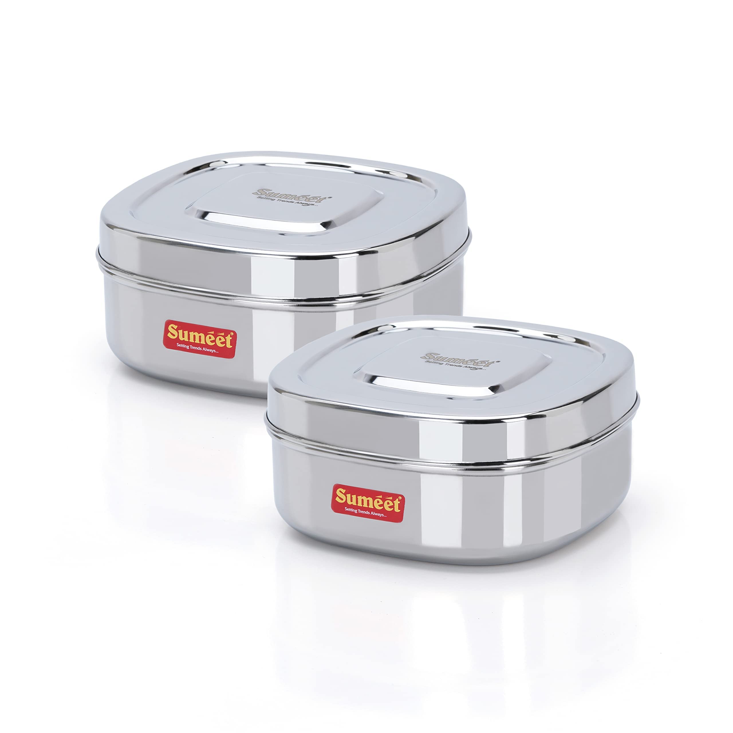 Sumeet Stainless Steel Square Storage Containers Box/Dabba For Kitchen, Set Of 2Pcs, 1000Ml, 14Cm Dia, Silver
