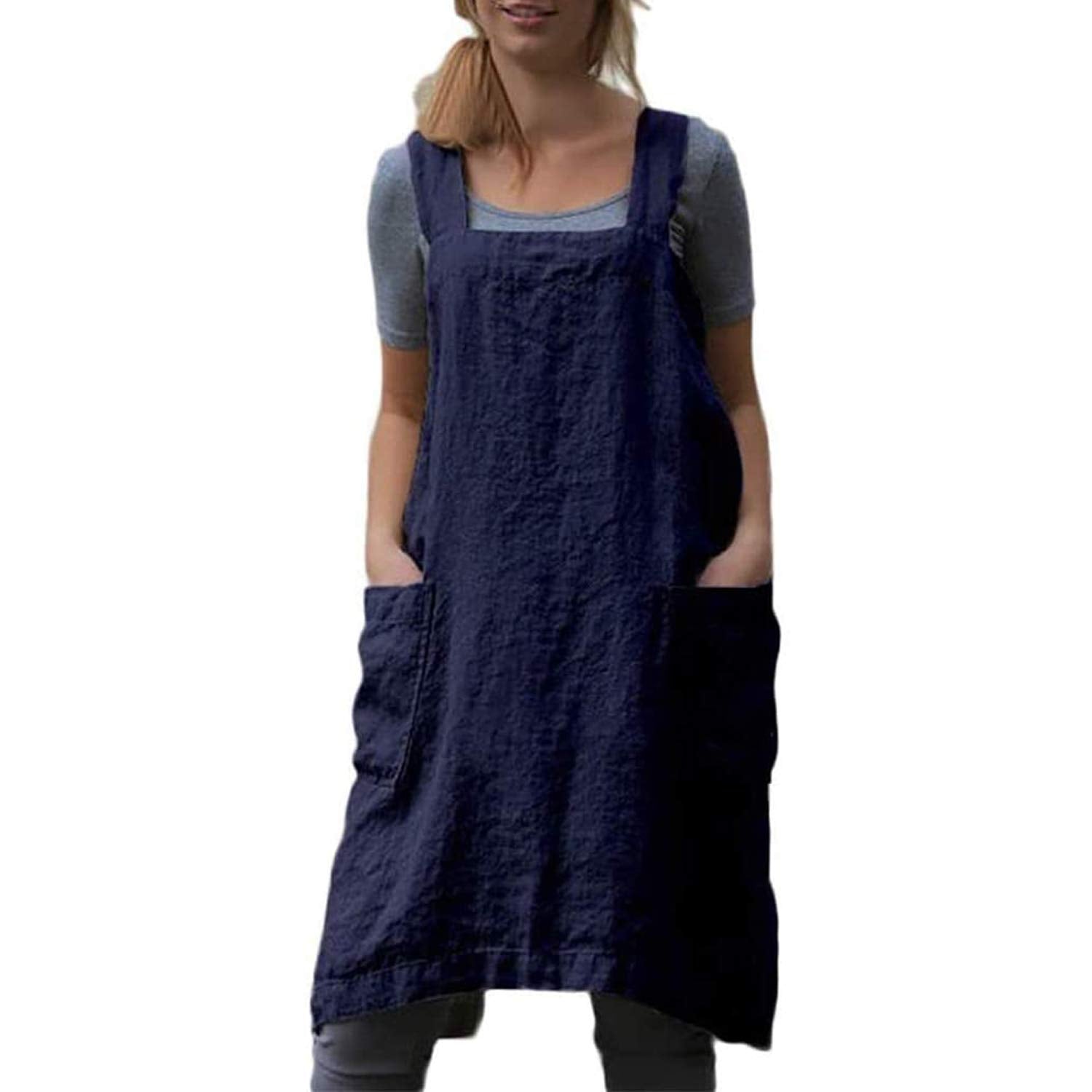 Yesdood Cotton Linen Apron Cross Back Apron For Womens With Pockets Pinafore Dress For Baking Cooking