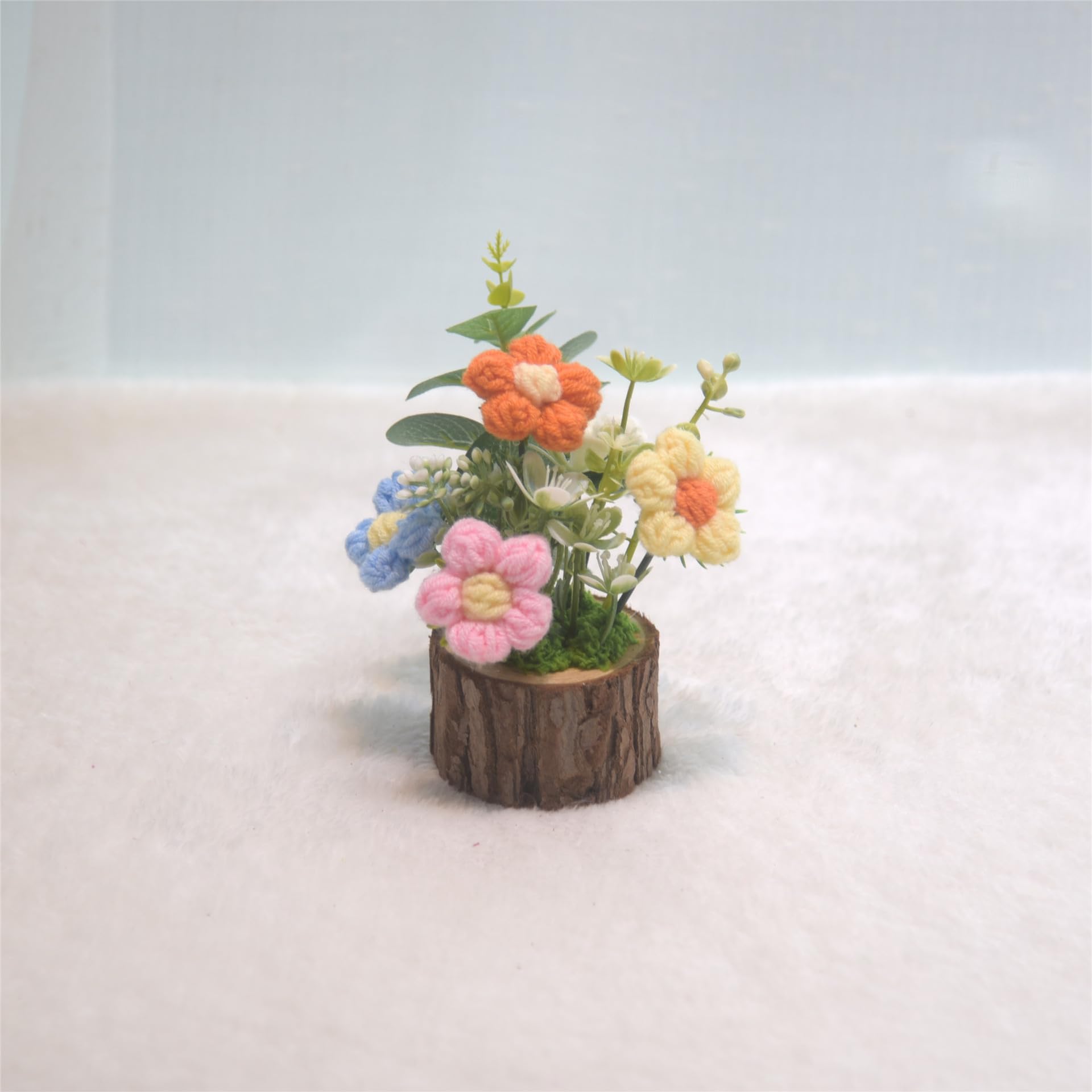 Tileafry Handmade Crochet Knitted Puff Flowers Bouquet Creative Knitted Potted Plant Mini Cute Home Desktop Decorations and Gift