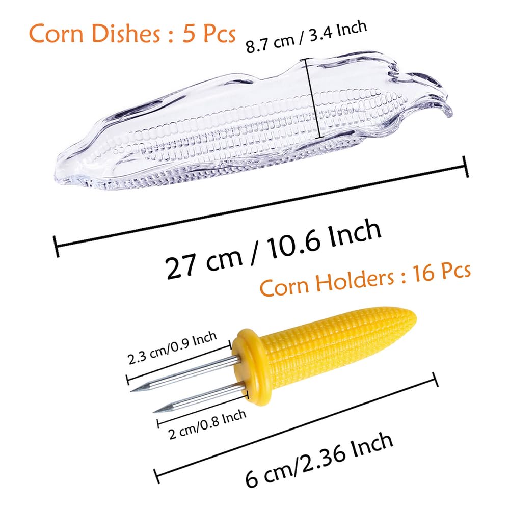 16 Pack Corn Cob Holders And 5 Pack Corn Dish Set, Plastic Transparent Corn On The Cob Trays, Peouwnes Stainless Steel Corn Hold
