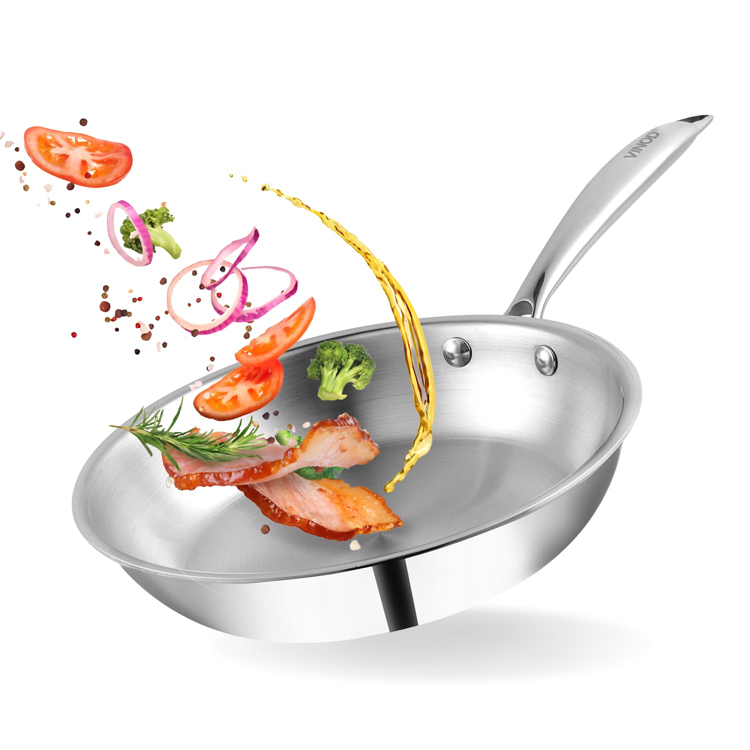 Vinod Platinum Triply Stainless Steel Frying Pan - 2.2 L, 24 Cm | 2.5 Mm Thick Tri Ply Cookware | Heavy-Bottom Frypan For Health