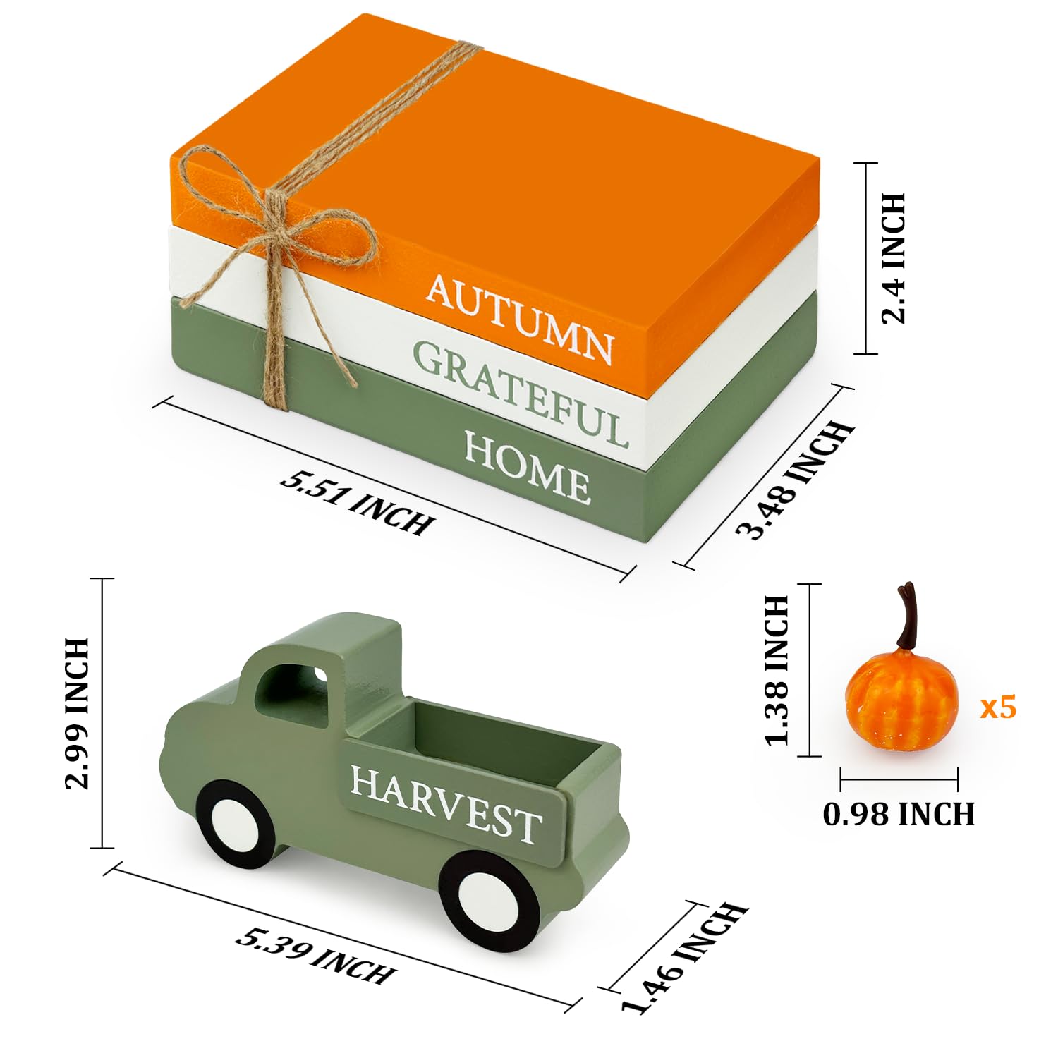 Thanksgiving Decorations for Home Indoor, Wooden Farmhouse Harvest Decor Signs with Book Stack, 3D Truck, 5 Pumpkins for Office