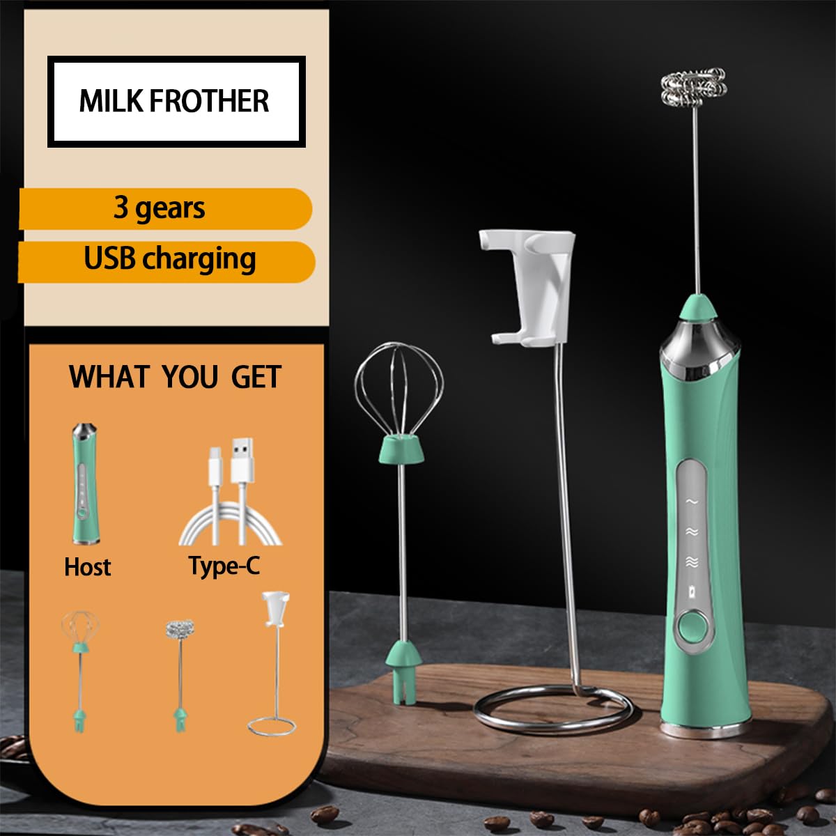 Rechargeable Milk Frother Handheld For Coffee,3 Speeds Frother Wand With Stand, Batidora De Mano Electrica,Coffee Frother With 2