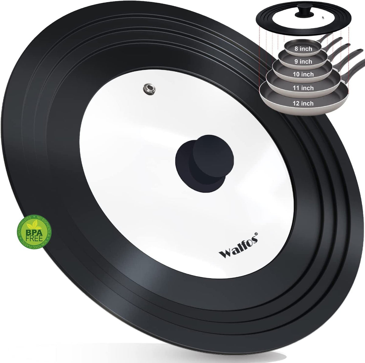 Walfos Universal Pan Lid - Pot Lid For Pots, Pans And Skillets, With Unique Enlarged Heat Resistant Silicone Rim And Tempered Gl