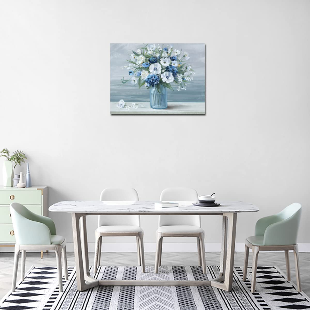 arteWOODS Vintage Flowers Canvas Wall Art Blue White Blossom Canvas Painting Retro Flowers in Vase Canvas Pictures Blue Ocean Background Artwork Prints for Bathroom Bedroom Wall Decor 16'' X 12''
