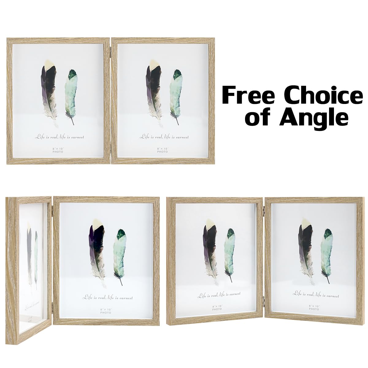 8x10 Picture Frames Double Hinged MDF Wood Wood Grain Shadow Box with Glass Front Stand Vertical on Tabletop