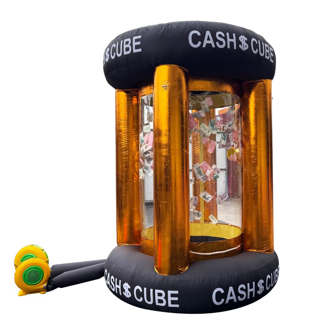 Gold Inflatable Cash Cube Booth Inflatable Cube Cash Grab Machine Fast Money Booth Money Grab Machine with 2 Blowers for Promoti
