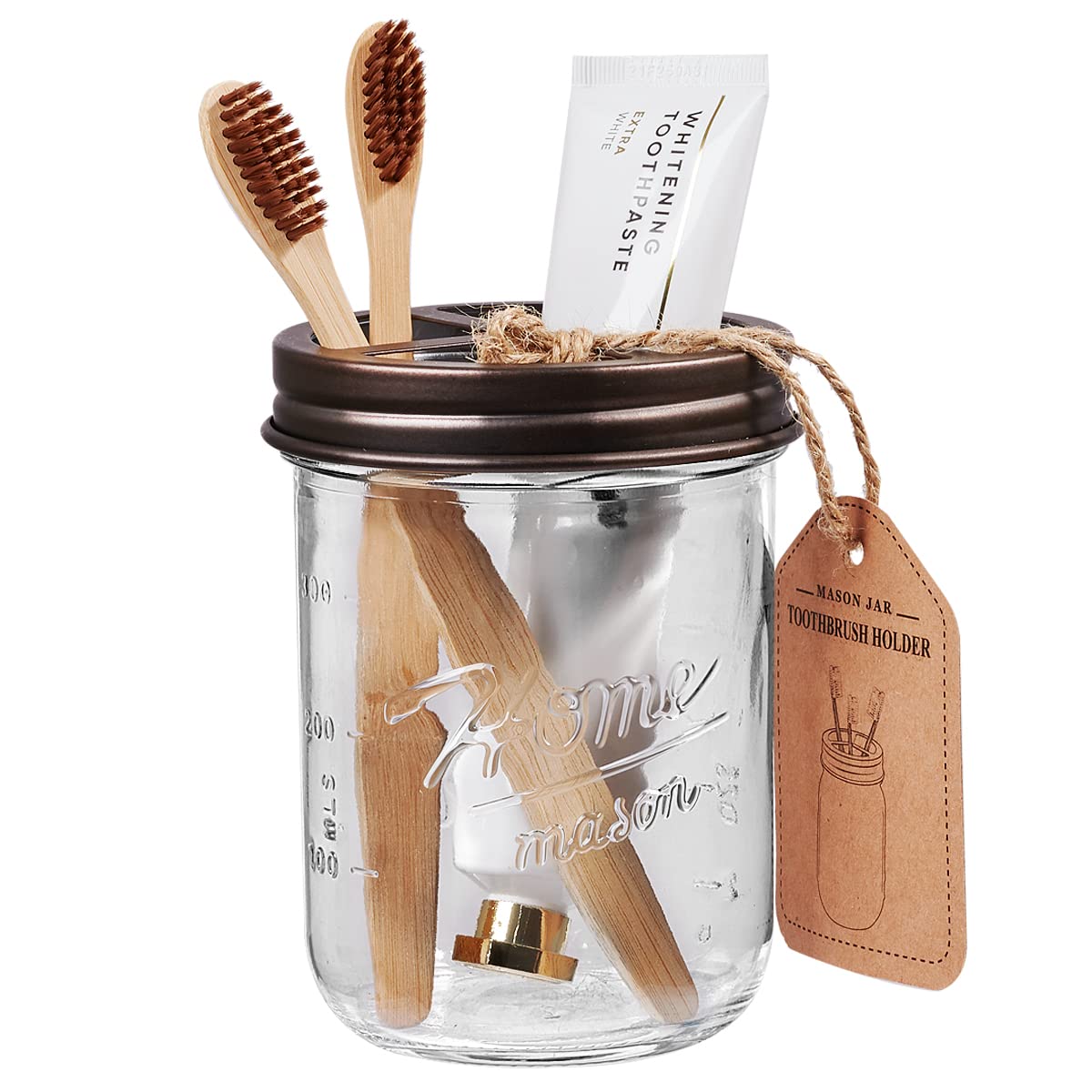 Mason Jar Toothbrush Holder - Premium Rustproof 304 Stainless Steel - Holds 2 Toothbrushes and Toothpaste - Farmhouse Decor Countertop and Vanity Storage Organizer/Bronze