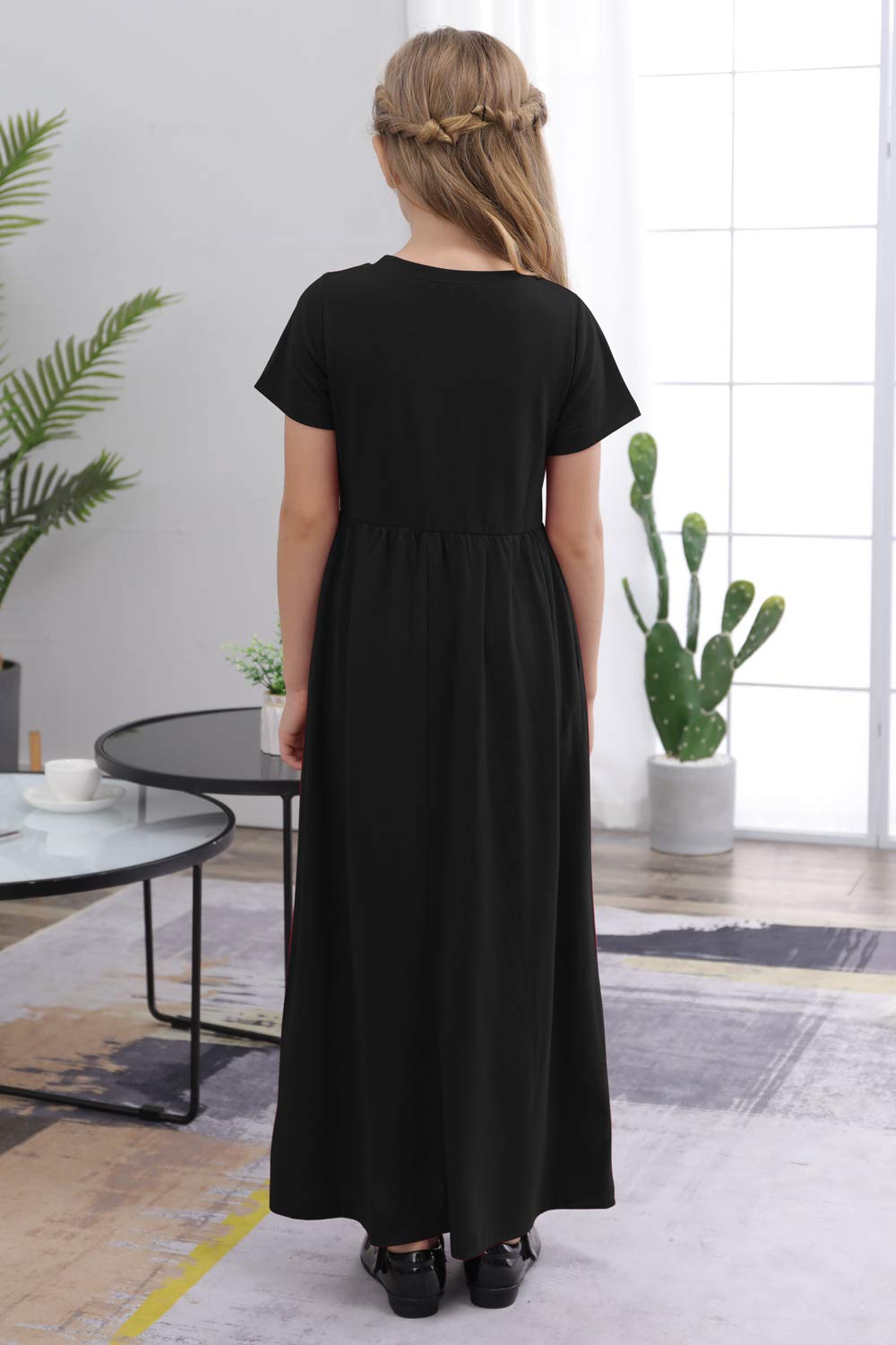 Gorlya Girls Short Sleeve Floral Print Loose Casual Holiday Long Maxi Dress With Pockets (8Yearsheight:130Cm, Black Color)