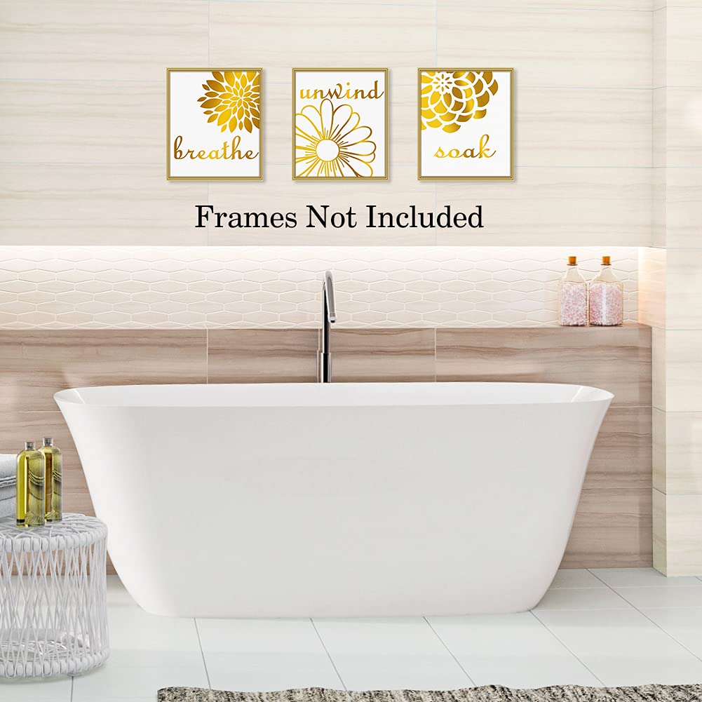 Lhiuem Gold And White Bathroom Pictures Wall Art Decor,Abstract Flowers Gold Foil Print,Set Of 4 Soak Relax Unwind Quote And Say