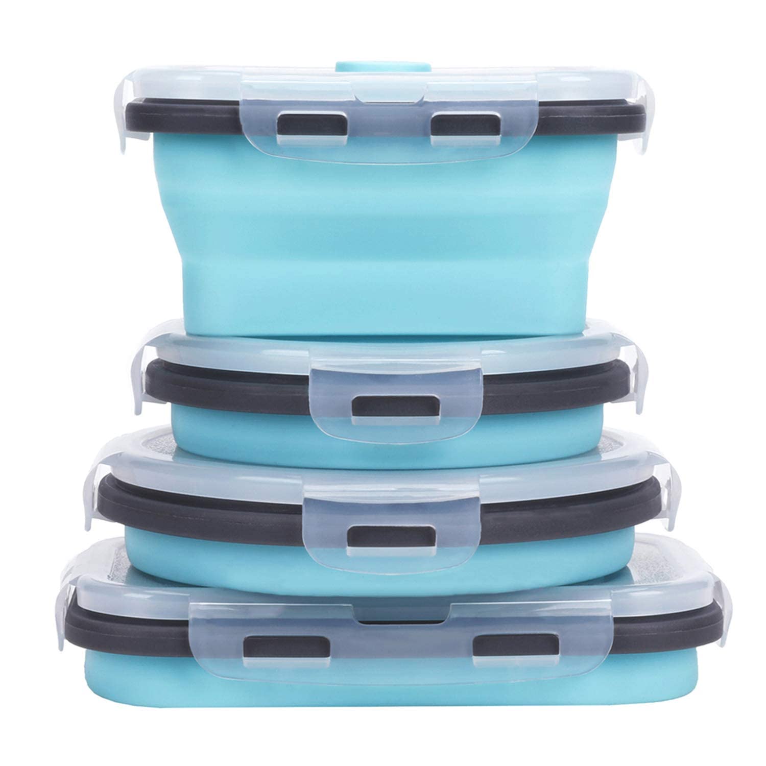 Kuon Collapsible Silicone Food Storage Containers With Airtight Lids, Set Of 4 Stacking Container, Microwave And Freezer And Dis