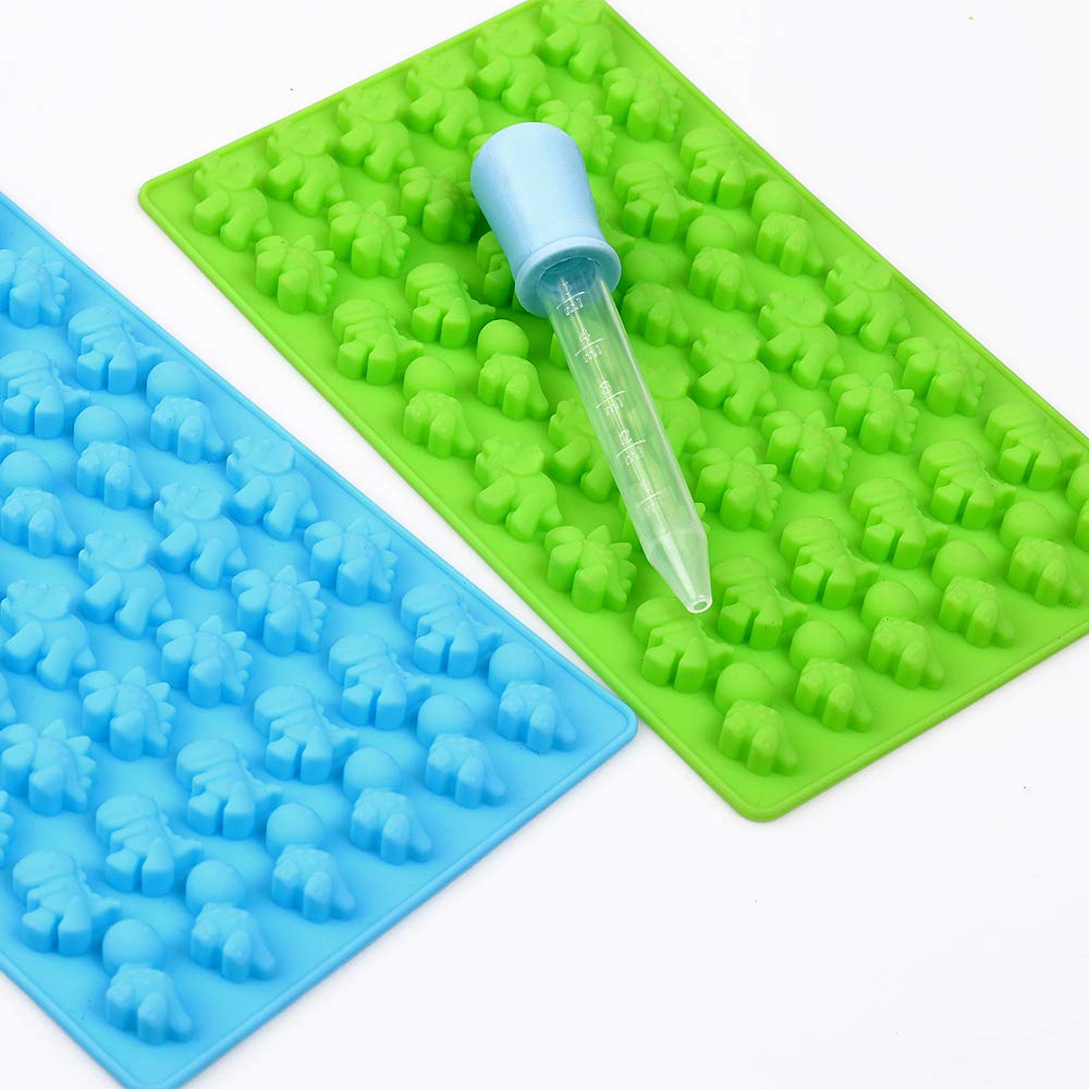 Homedge Silicone Mini Dinosaur Candy Molds, Set Of 4 Packs Non Stick Chocolate Gummy Mold Bonus With 2 Dropper-Blue, Red, Green
