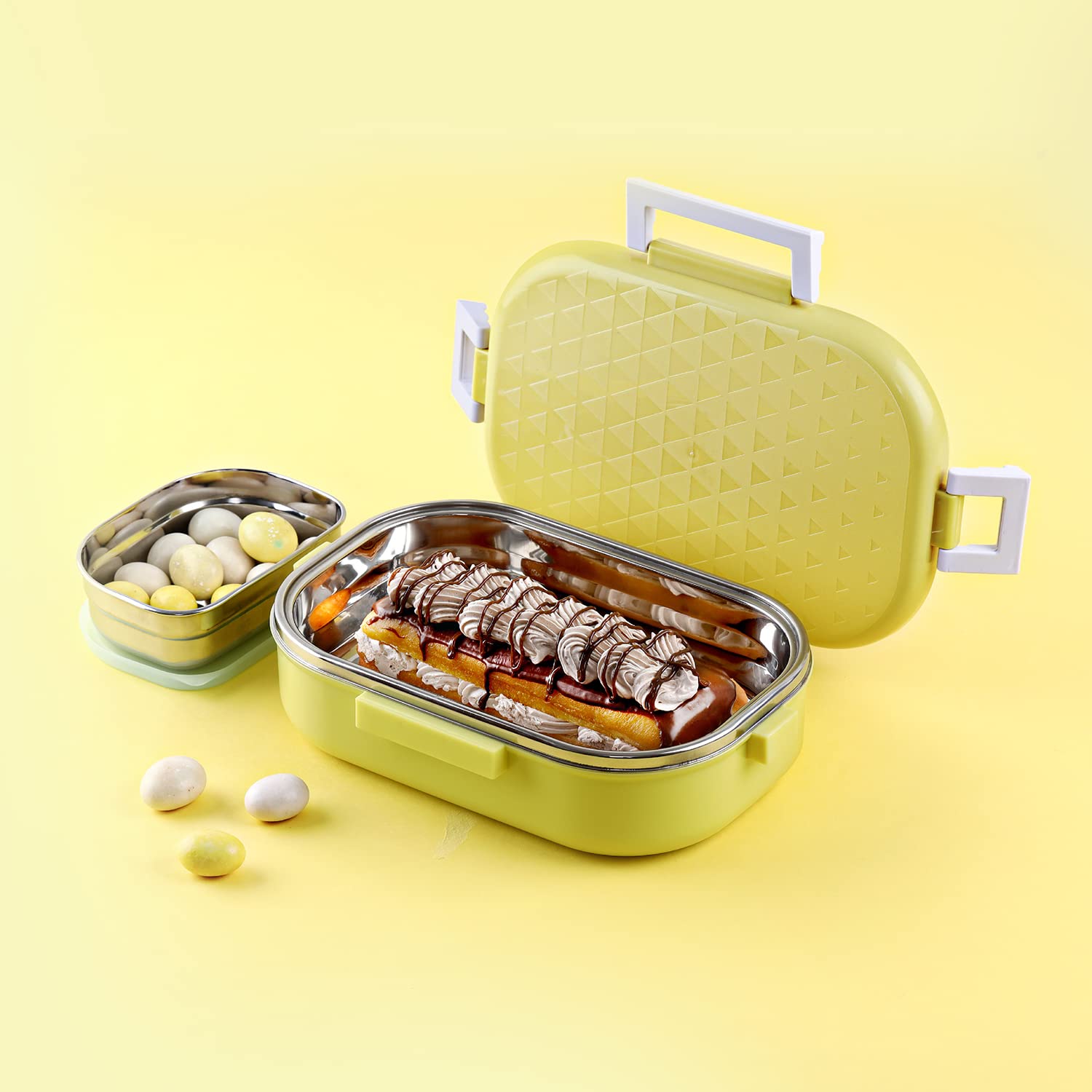 Cello Altro Neo Lunch Box, Neo Yellow 700Ml, 2 Container Lunch Box For Kids | Steel Insulated Lunch Box With Veg Box | Leak-Proo