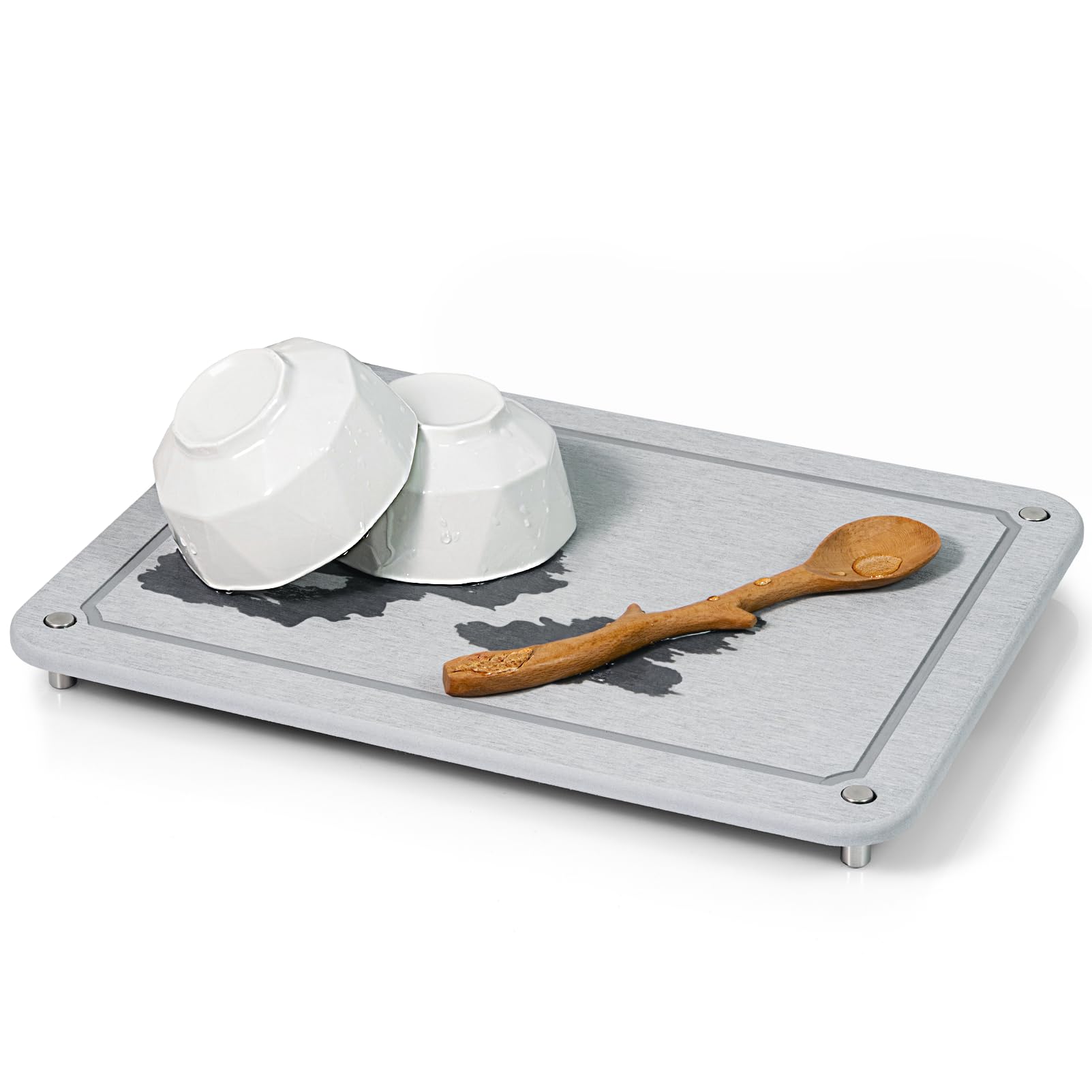 Plentio Stone Drying Mat for Kitchen Counter, Diatomaceous Dish Drying Mats Superb Absorbent with Non-Slip Stainless Steel Feet 