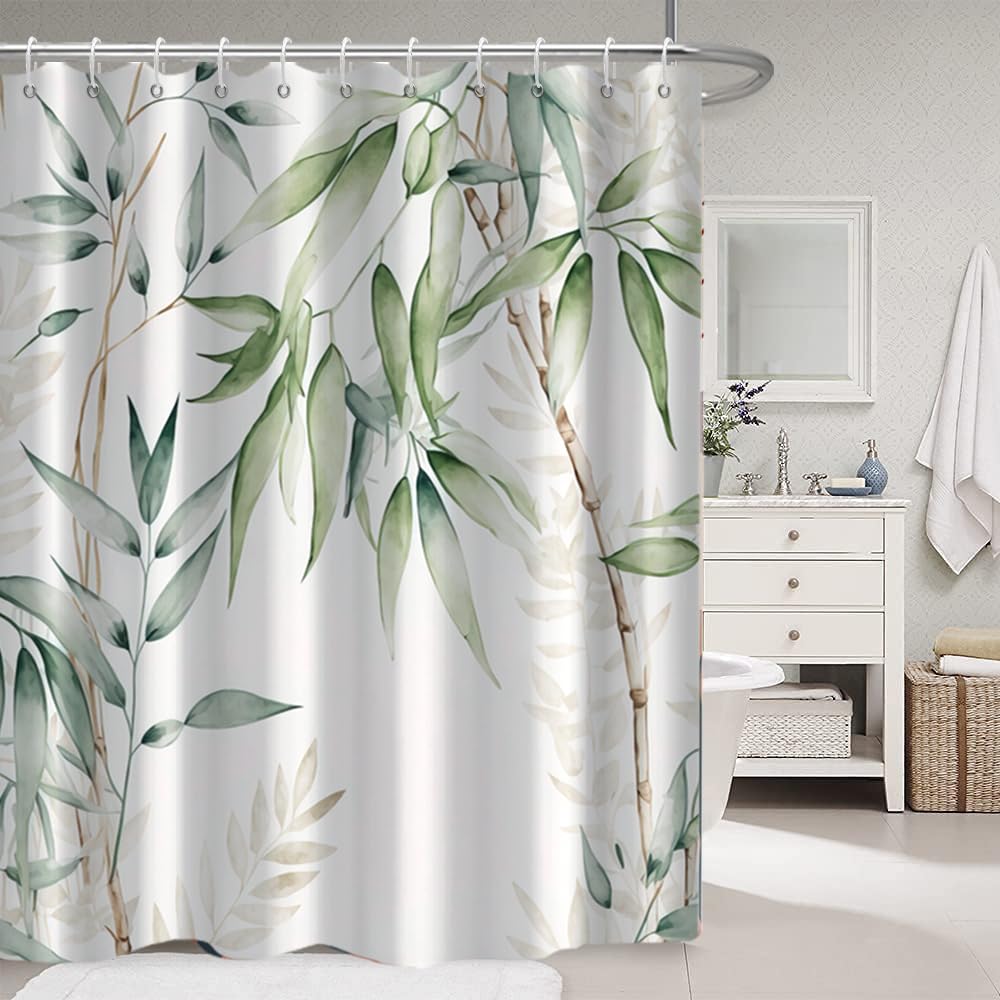 Ruelvth Green Bamboo Shower Curtain, Watercolor Green Leaves Shower Curtain For Bathroom Waterproof Fabric Spring Botanical Show