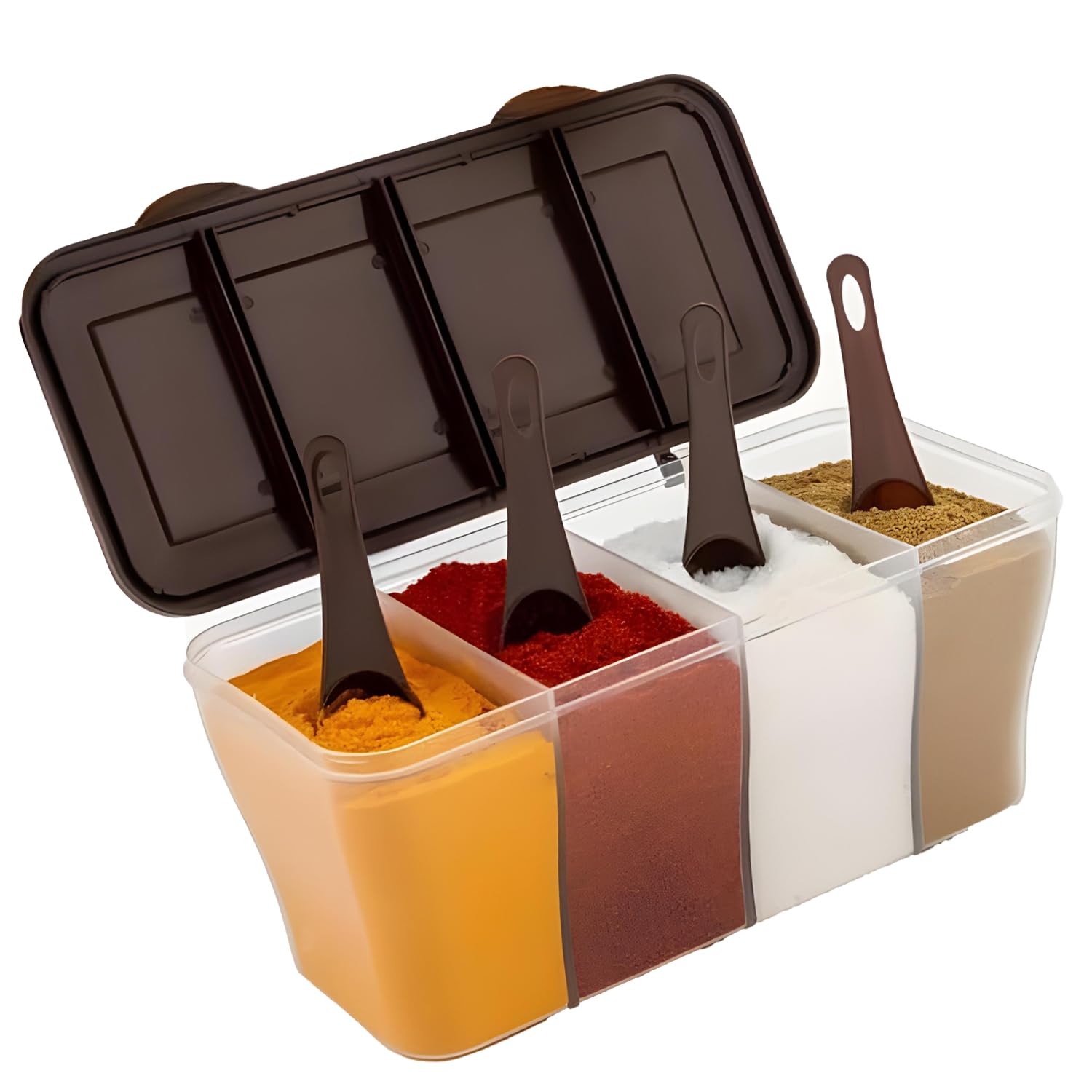 Oblivion Masala Box 4-In-1 Spice Containers - Plastic Kitchen Storage Small Multipurpose Dabba, Transparent Airtight With Multic