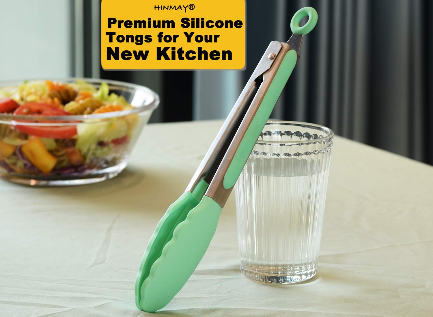 Hinmay Kitchen Cooking Tongs With Silicone Tips 9-Inch Food Tongs, Set Of 3 (Mint)