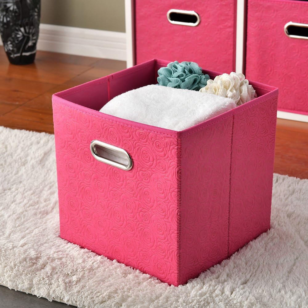 Ikebana Embossed Peach Blossom Pink Foldable Cube Storage Bins 11 Inches, Fabric Storage Bins Drawers Clothes Organizer Collapsi