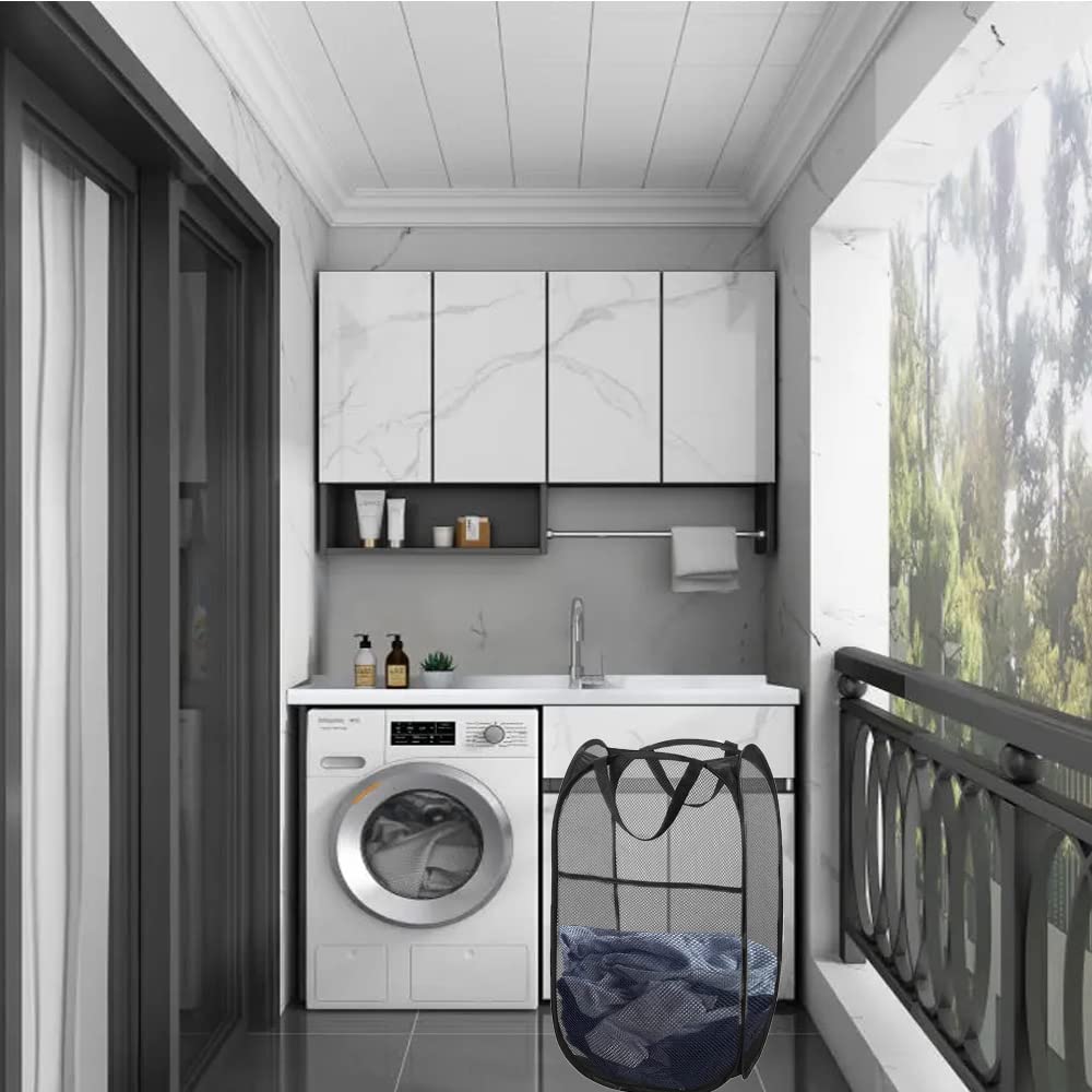 Larpur Popup Mesh Laundry Basket, Collapsible And Portable Clothes Washing Laundry Hamper With Reinforced Carry Handle (Black)