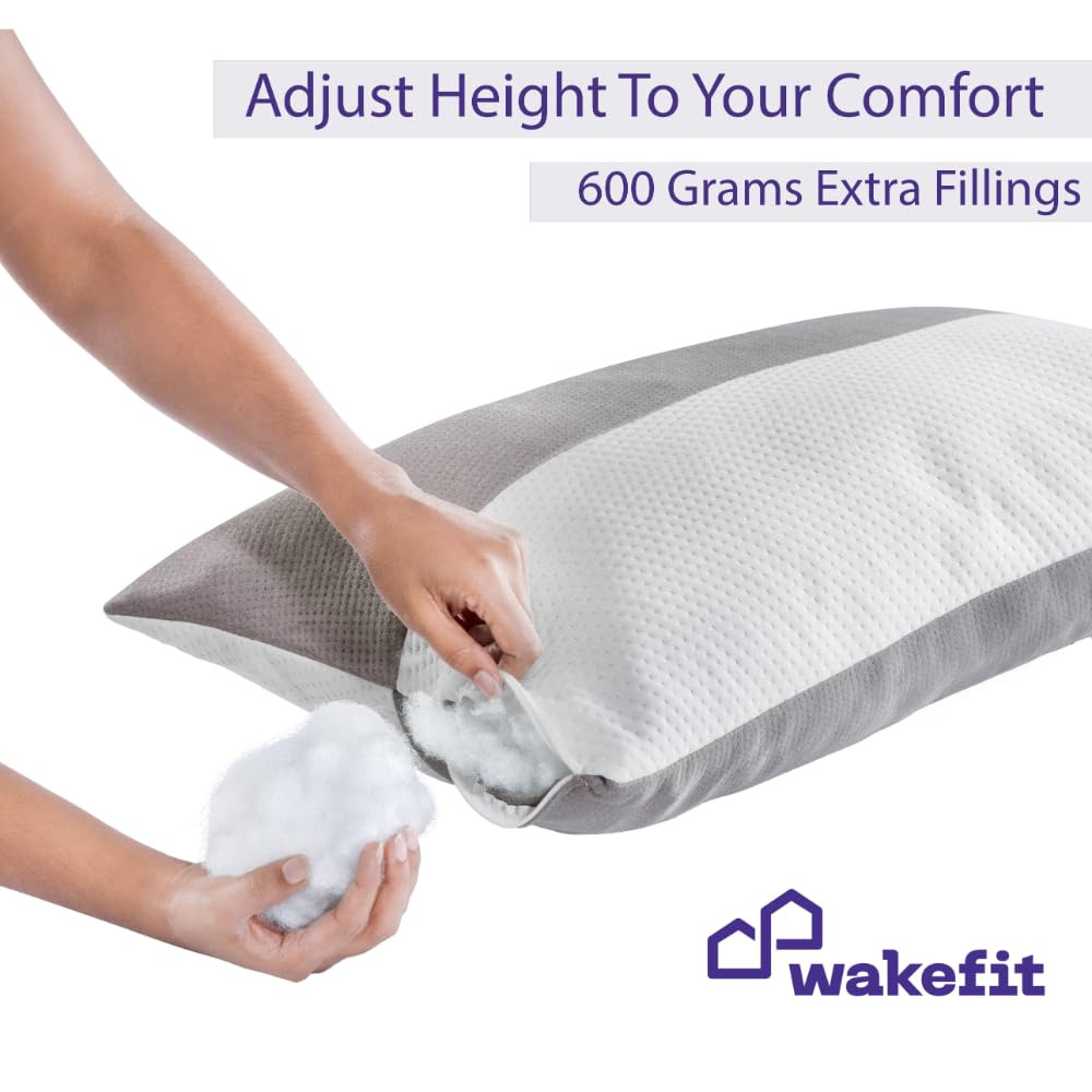 Wakefit Height Adjustable Hollow Fibre Sleeping Pillow with Zip | Set of 4 (White and Grey, 36 X 20 Inch) 3 Months Warranty - Ho