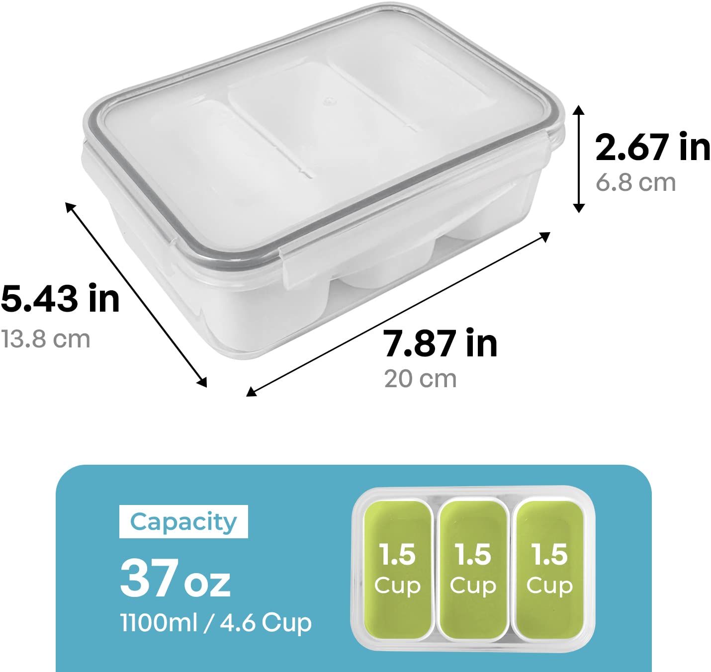 Carrotez Food Storage Containers With 3 Removable Compartments, Food Prep Container With Airtight Lids, Portion Control Containe