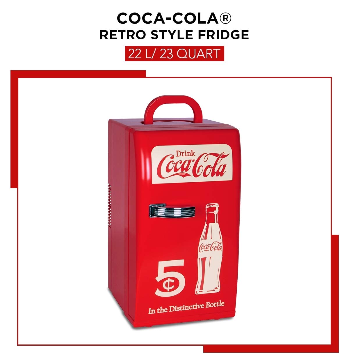 Coca-Cola Retro 18 Can Mini Fridge W/ 12V Dc And 110V Ac Cords, 22L (23 Qt), Portable Cooler, Red, Travel Fridge For Drinks, Sna
