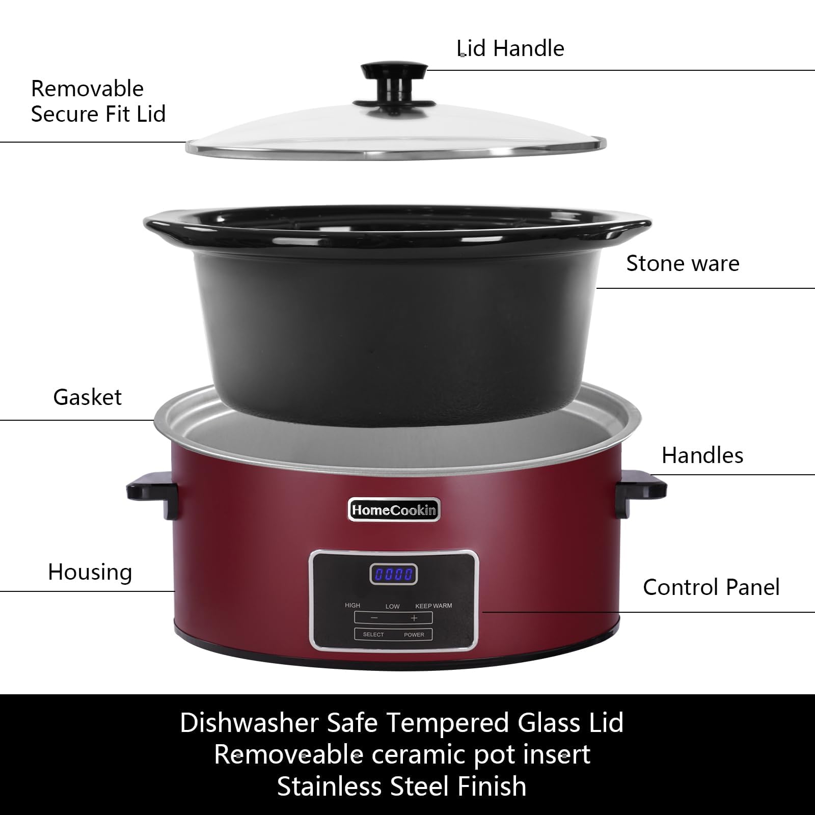 HOMECOOKIN 7 Quart Programmable Slow Cooker, Kitchen Appliances, Perfect Kitchen Small Appliance for Family Dinners, Red Stainle