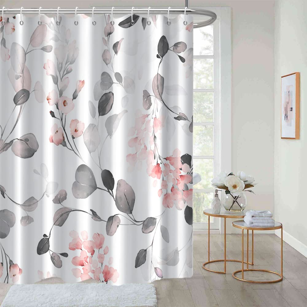 Ruelvth Grey And Pink Shower Curtain, Abstract Eucalyptus With Floral Shower Curtain Waterproof Fabric Spring Watercolor Shower