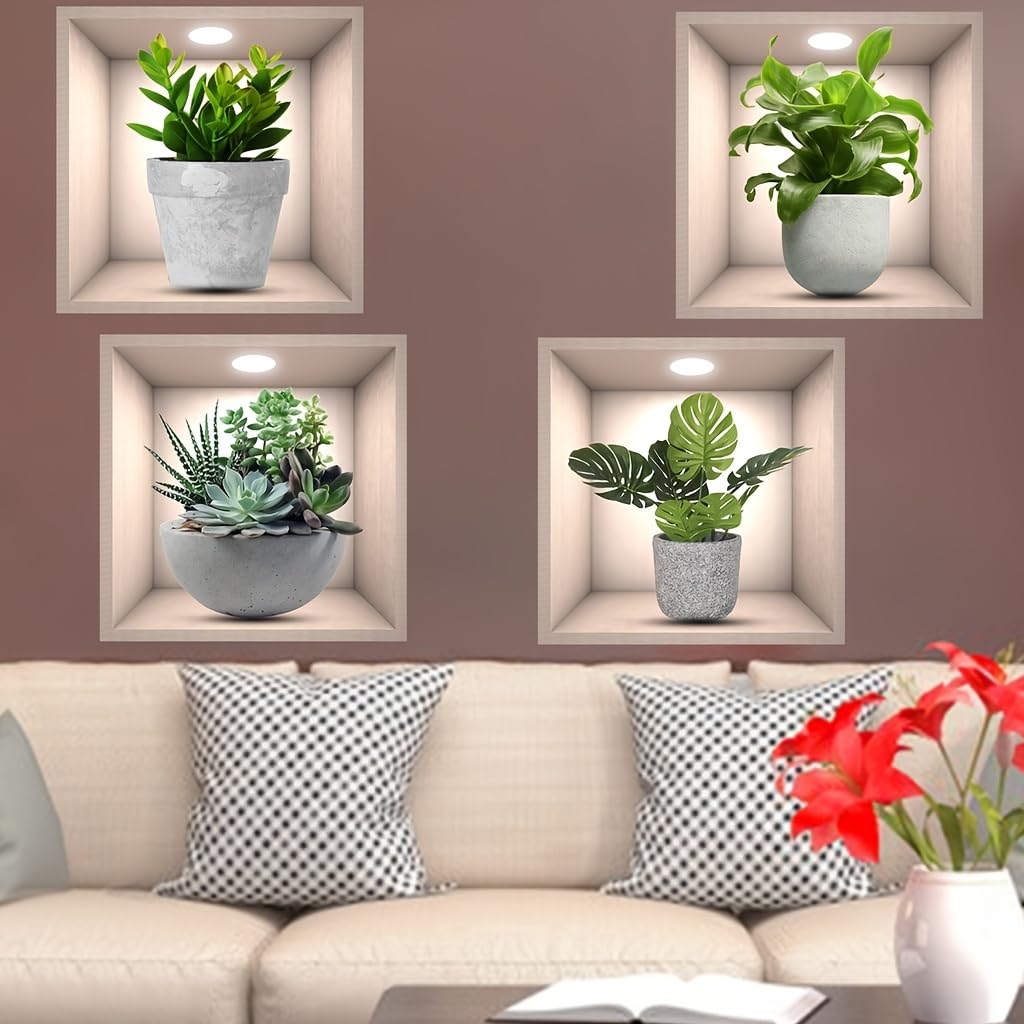 3D Green Plants Wall Sticker,4Pcs 3D Vases Flower Wall Stickers Decals For Living Room Bedroom Kitchen Decor,3D Green Pot Plant