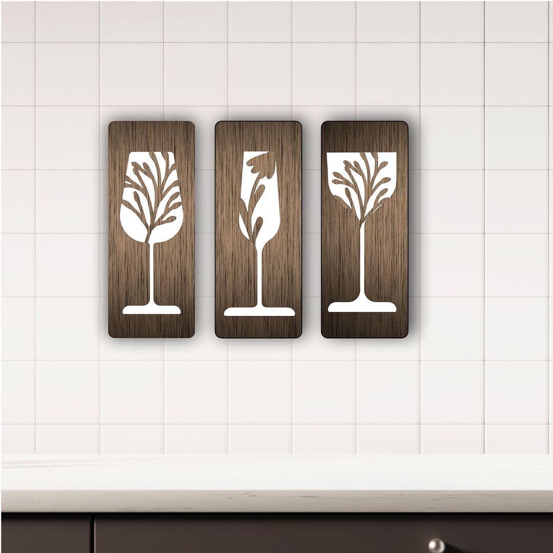 CVANU Set of 3 Leaf & Glass Shape Cutting MDF Self-Adhesive Wall Hanging Cutout for Wall Decoration (10inchX4inch)_W273