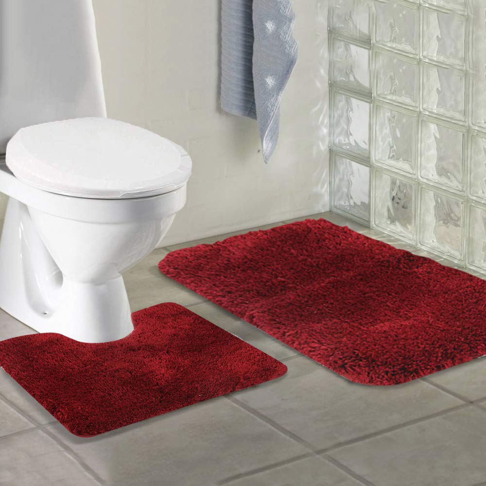Walensee Shaggy 2 Piece Bath Rug Sets (Red) 20 X 24 U Shape Contour Rug & 20 X 32 Bathroom Rug Machine Wash/Dry Bath Mats For Ba