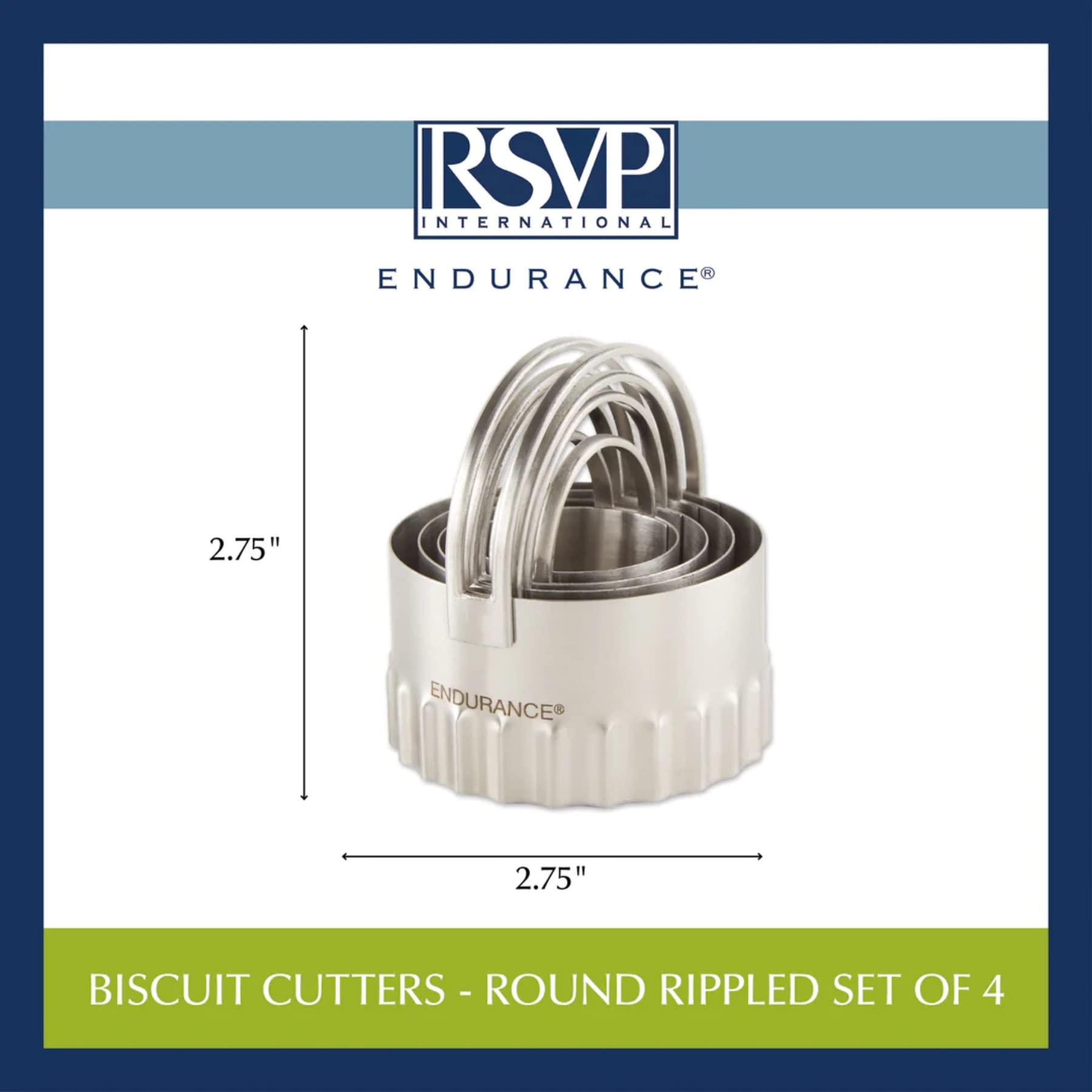 RSVP International Stainless Steel Biscuit Cutters Set of 4 - Round-ribbed, High Handle Arch for Thick or Thin Dough, Model 8006