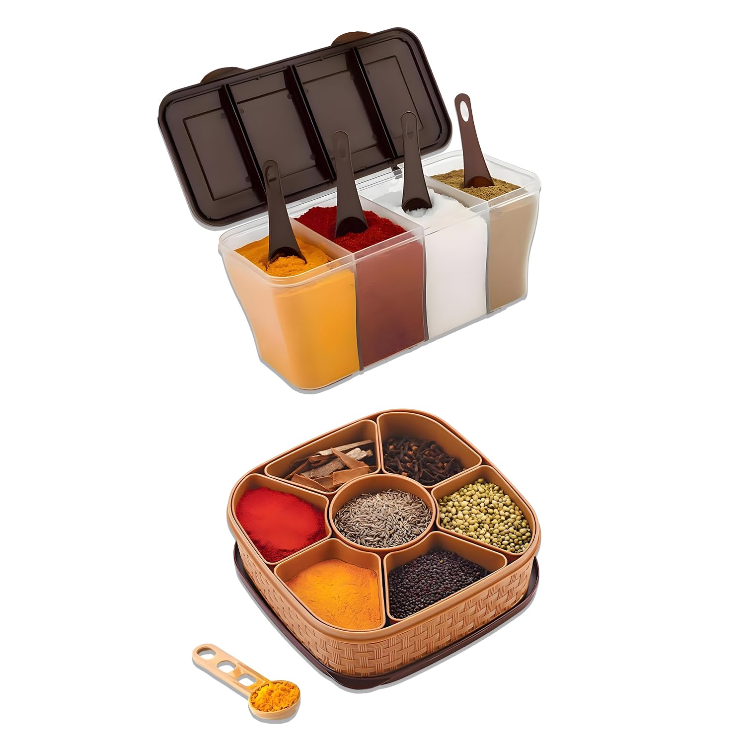 Oblivion Kitchen Airtight Section Storage Container With Spoons And Masala Rangoli Box Dabba For Spices & Condiments - Multi-Sec