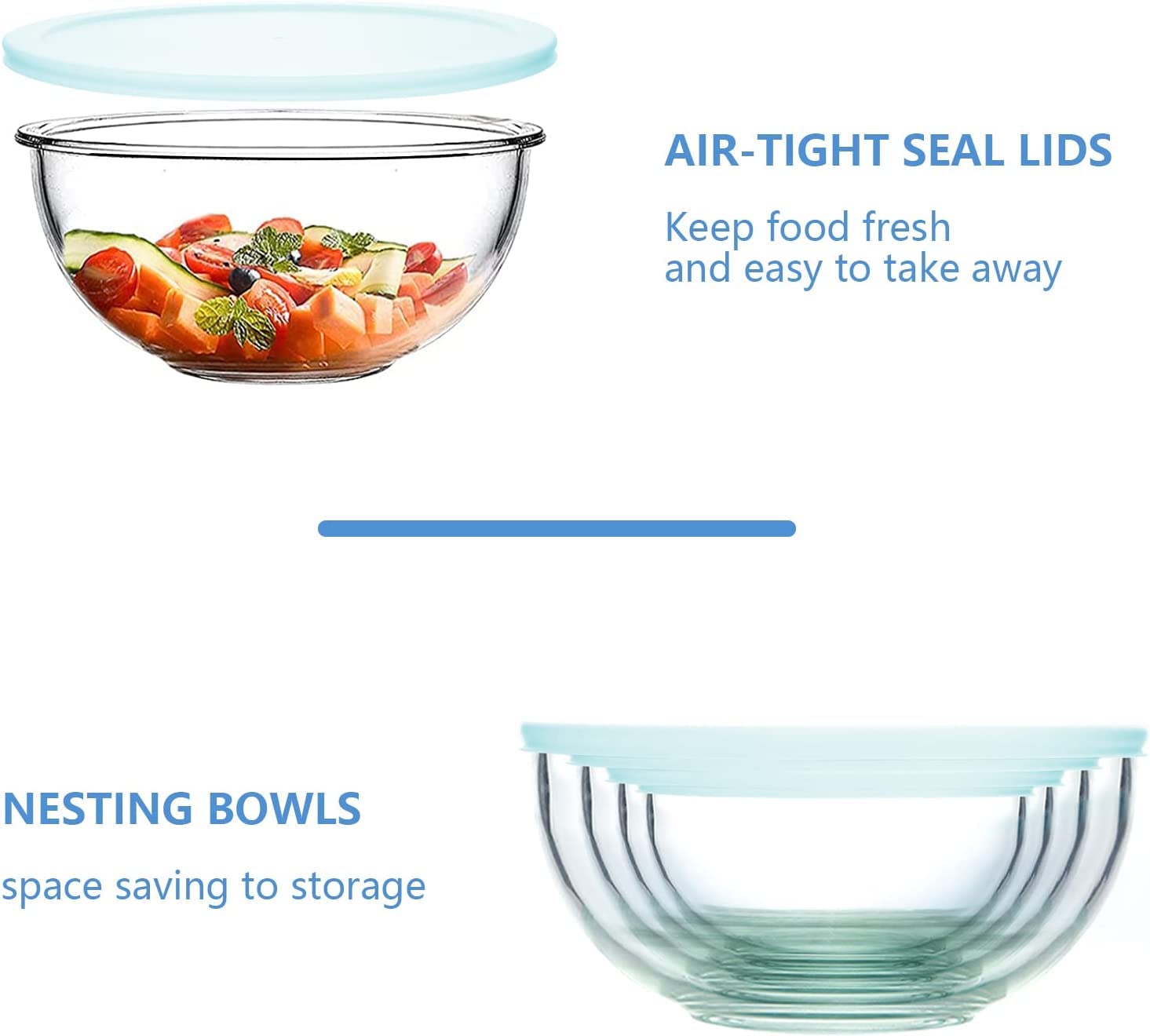 Luvan Borosilicate Clear Glass Mixing Bowls with Lids Set of 4 (0.53qt  1.1qt  2.1qt  3.7qt)  Space Saving Nesting Bowls Large Kitchen Salad Bowls for Meal Preping Baking Mixing Dishwasher Safe