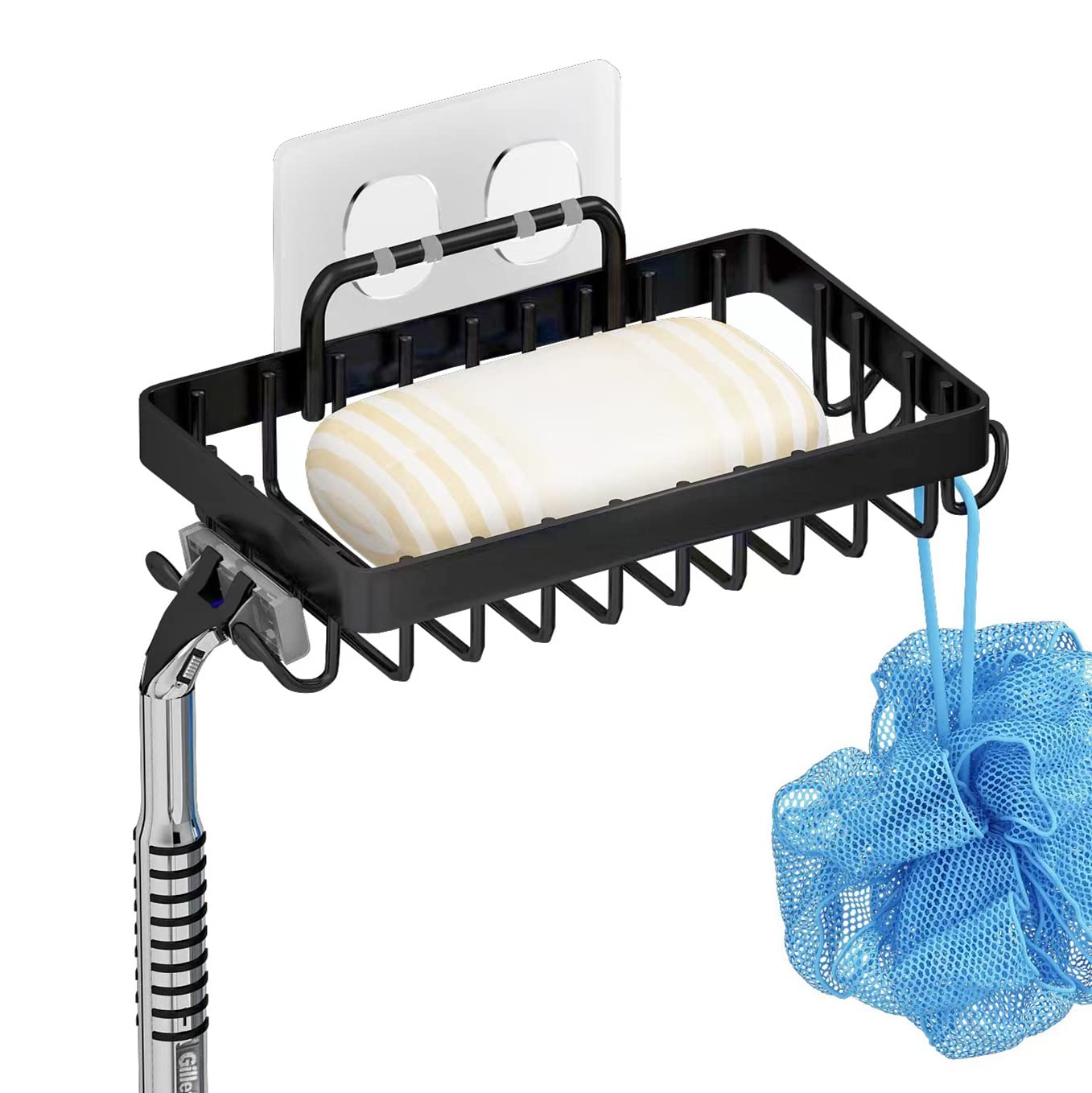 Soap Dish Soap Holder With Hooks For Shower, Rust Proof 304 Stainless Steel, Adhesive No Drilling, Black