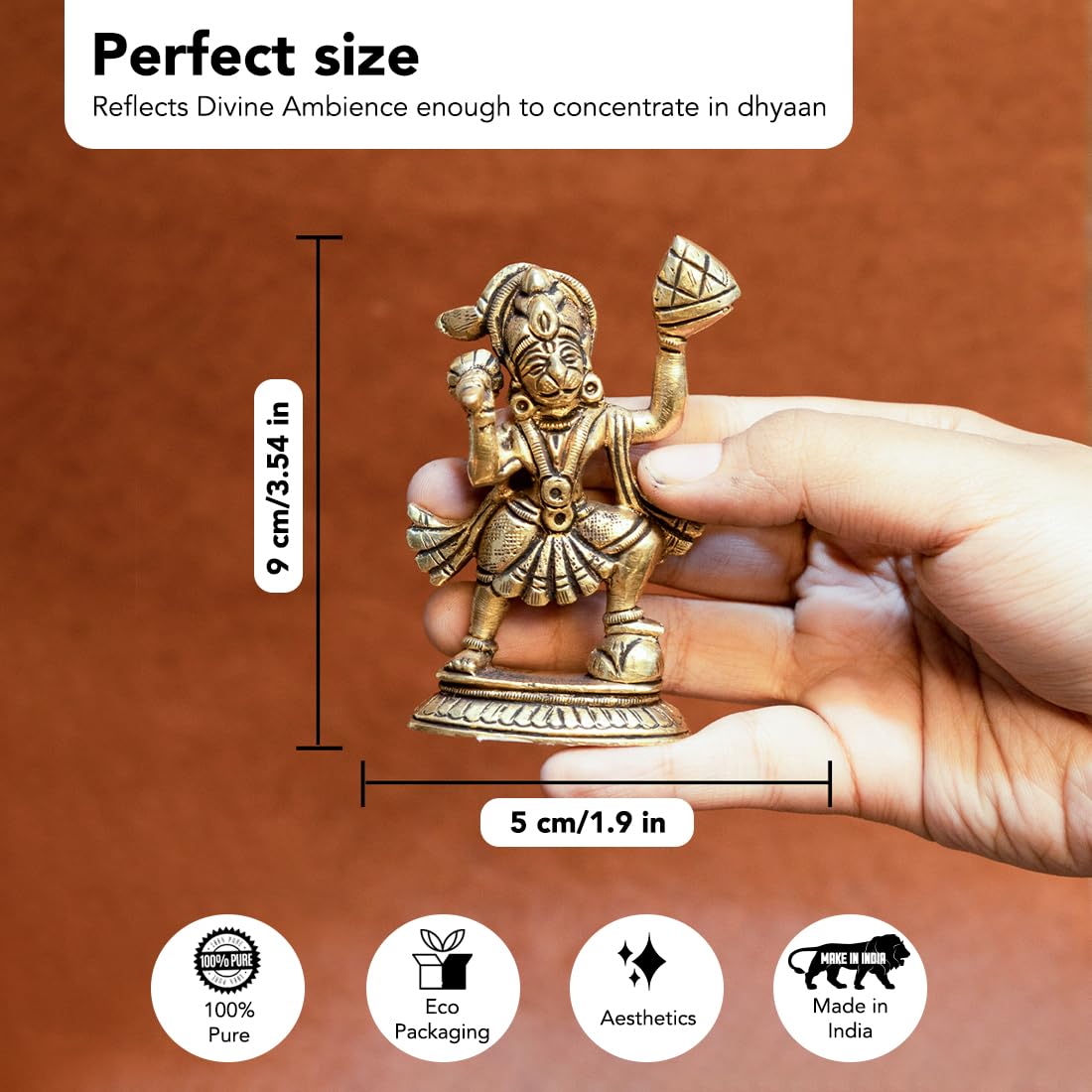 Ekhasa 100% Pure Brass Hanuman Ji Murti for Home Puja (Size: 8.4 cm) | Lord Hanuman Idol for Desk, Car and Home Decor | Balaji I