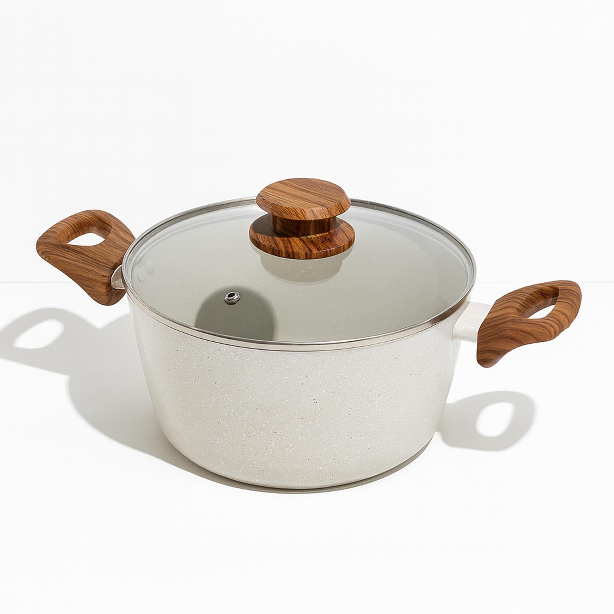 Salford Forged Nonstick Finish Casserole Induction Compaible (4.4L) With Glass Lid Wooden Handle - 240 Mm (White Spatte)