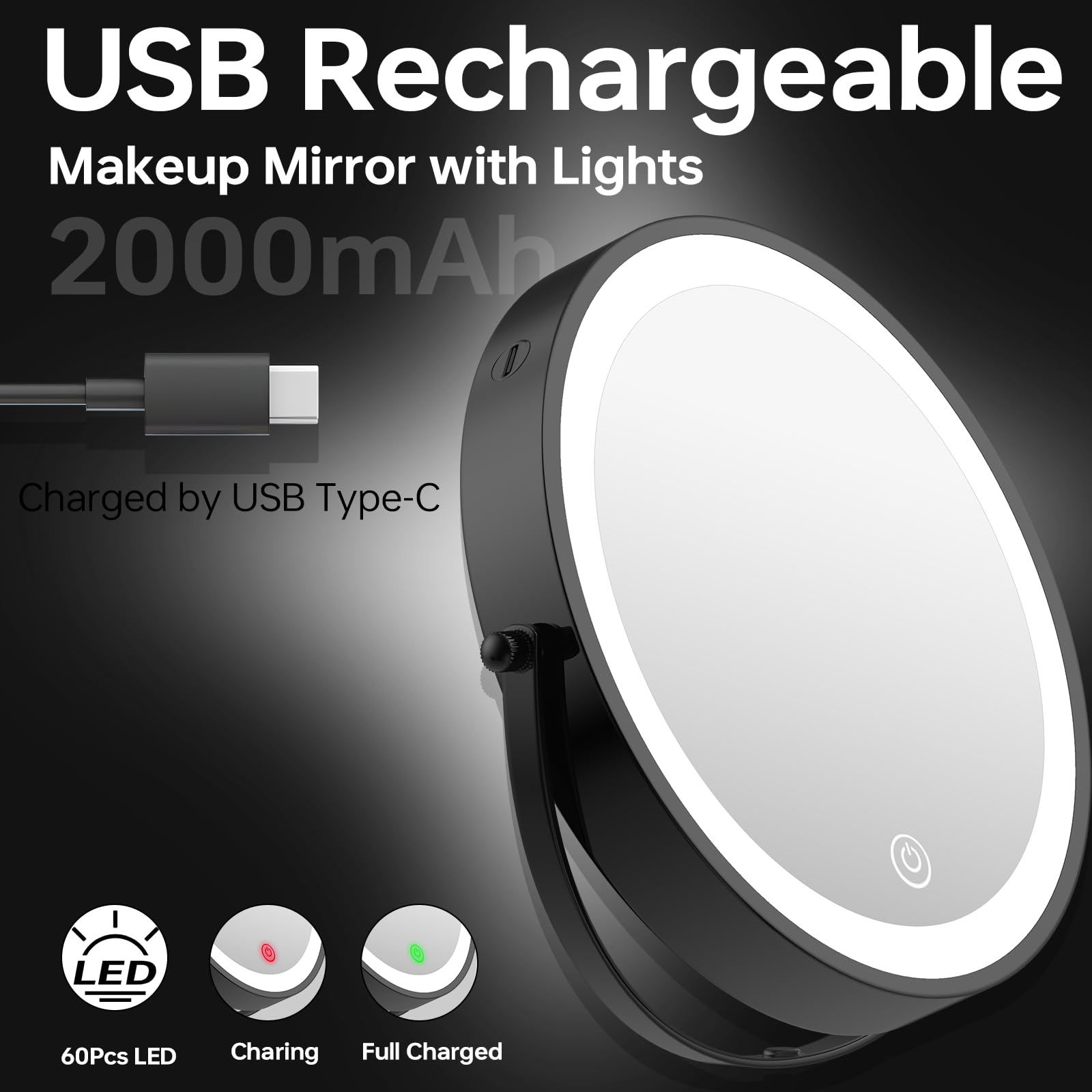 LANSI Rechargeable Wall Mounted Lighted Makeup Mirror  Mounted Makeup Magnifying Mirror with Lights 10X LED Vanity Mirror Wall Mounted  8'' Wall Bathroom Light Up Magnified Mirror (Black)
